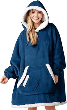 Giggling Getup Wearable Blanket Hoodie for Women Men Gifts for Women Mom Wife Sherpa Fleece Hooded Blanket Sweatshirt Warm Cozy Sherpa Wearable Throw with Pocket & Sleeves for Adult Oversize Navy