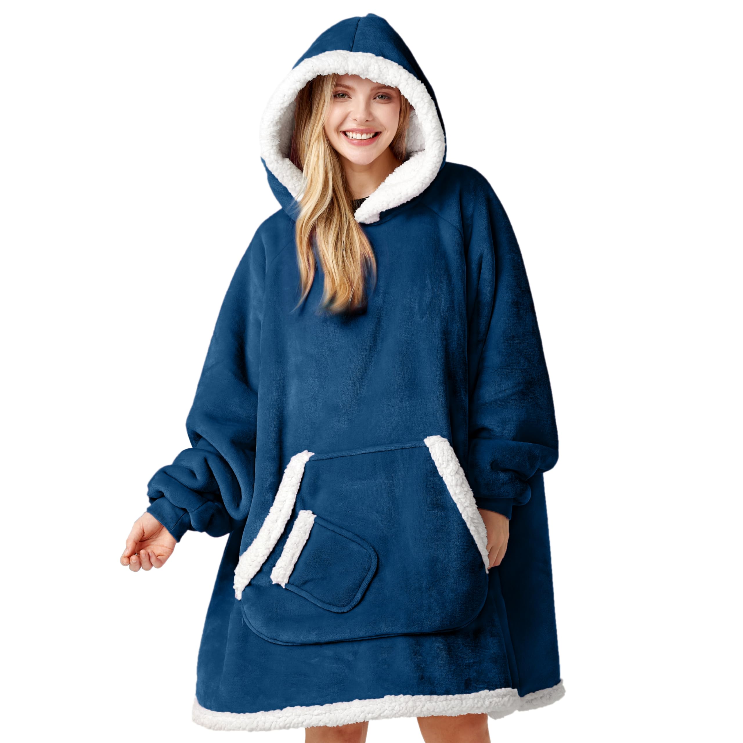 Giggling Getup Unisex Navy Wearable Blanket Hoodie For Women Men - Oversized Flannel Sherpa Fleece Hooded Blanket - Soft Cozy Warm Blanket Sweatshirt Gifts With Giant Pocket And Sleeves For Adult