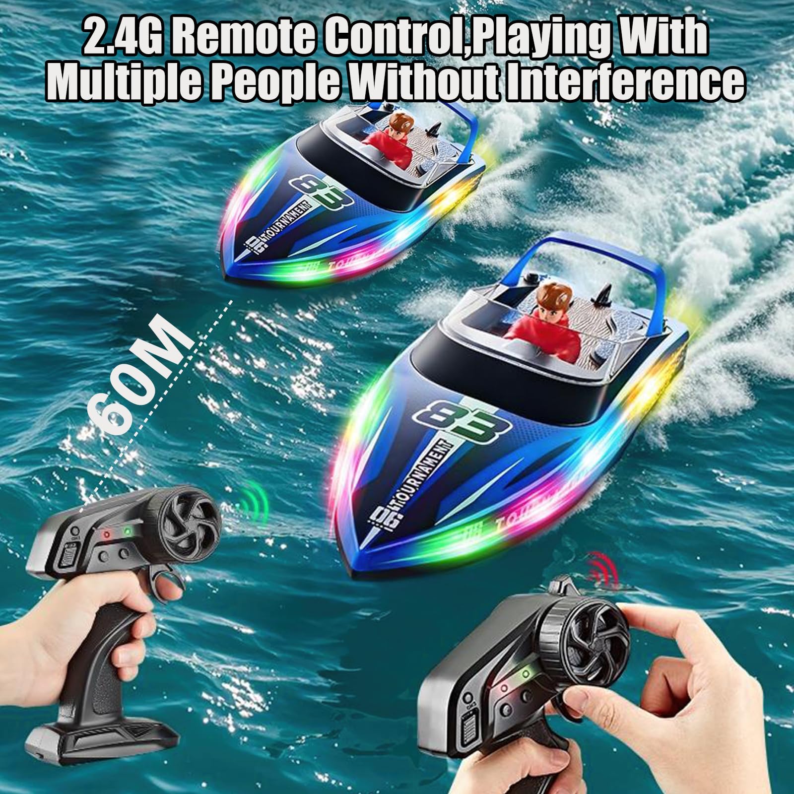 Barco teledirigido con luces LED, 2,4 GHz alta velocidad, lancha de control remoto de alta velocidad y baja, 120 min de resistencia, piscina, lago/estanque juguete