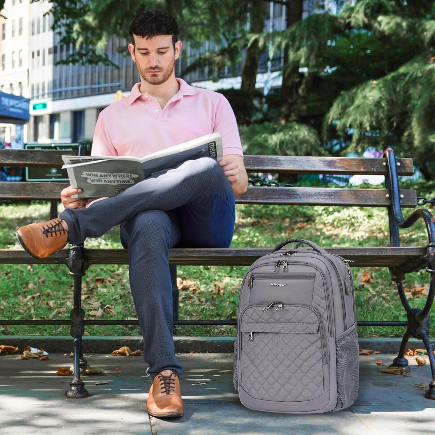 KROSER Travel Laptop Backpack 17 Inch Large Computer Backpack Water-Repellent Daypack with USB Charging Port & Headphone Interface RFID Pockets for Work/Business/College/Men/Women Dark grey(Quilted)