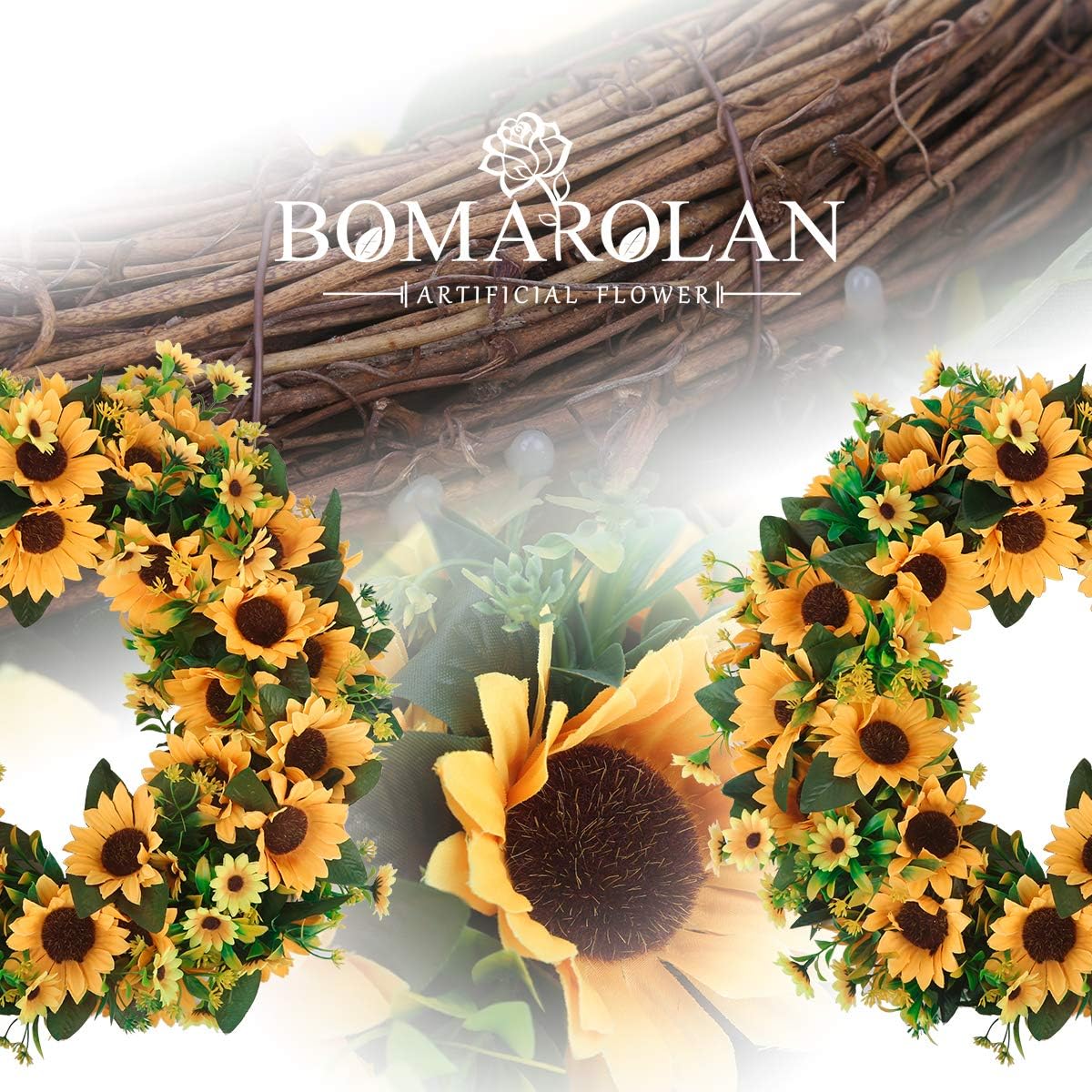 BOMAROLAN Artificial Sunflower Wreath 20 Inch Summer Fall Large Wreaths Springtime All Year Around Flower Green Leaves for Outdoor Front Door Indoor Wall Or Window Décor