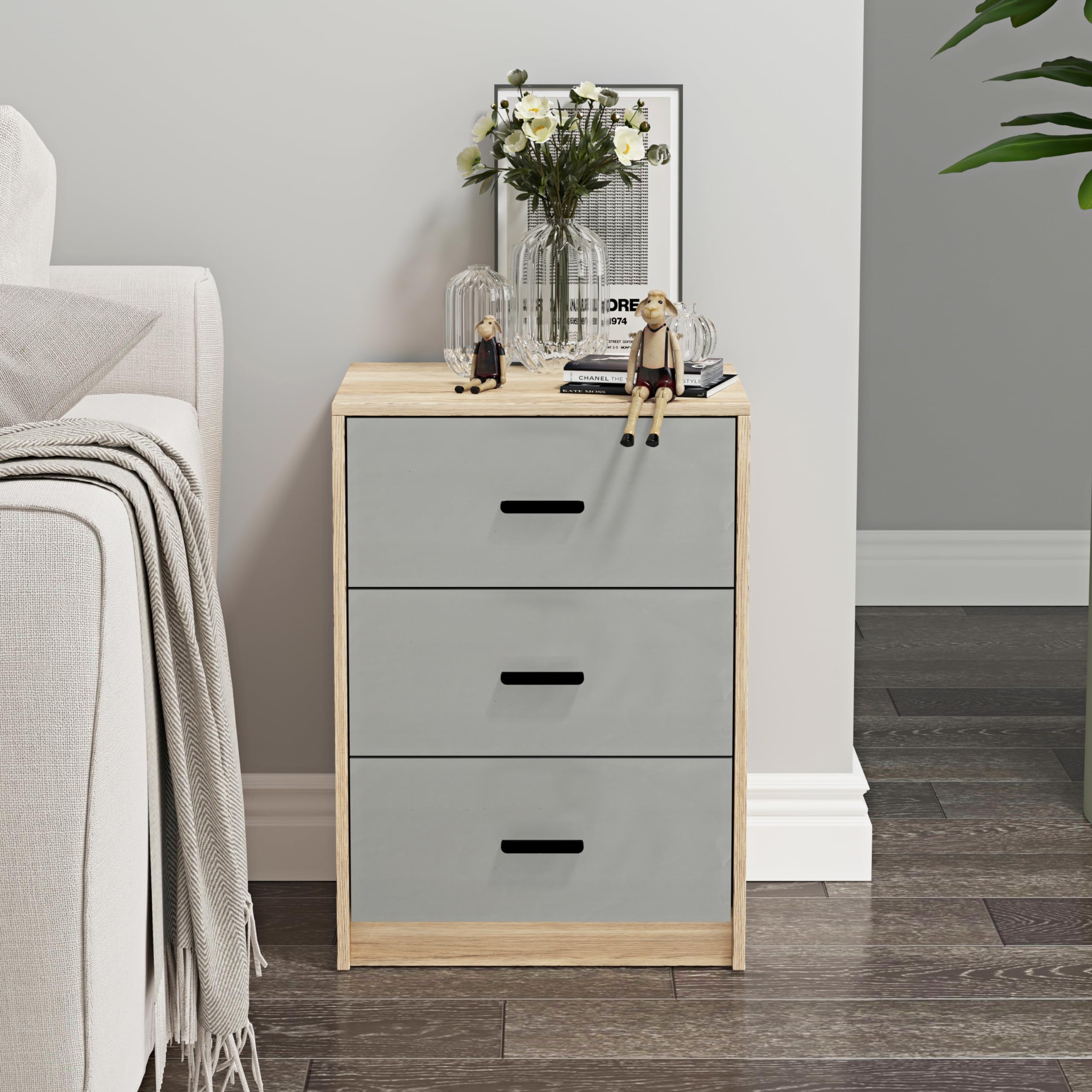 URBNLIVING 3 Drawer Wooden Bedroom Bedside Cabinet (Oak Carcass + Grey Drawers)