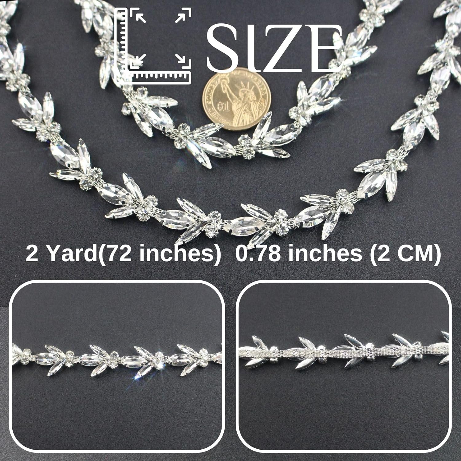 PEARLY JUN 2 Yards Rhinestone Trim Chain Silver Diamond Applique Crystal Ribbon Fringe String for Wedding Dress Straps Sewing Clothes Accessory Crafts Bedazzling Embellishments