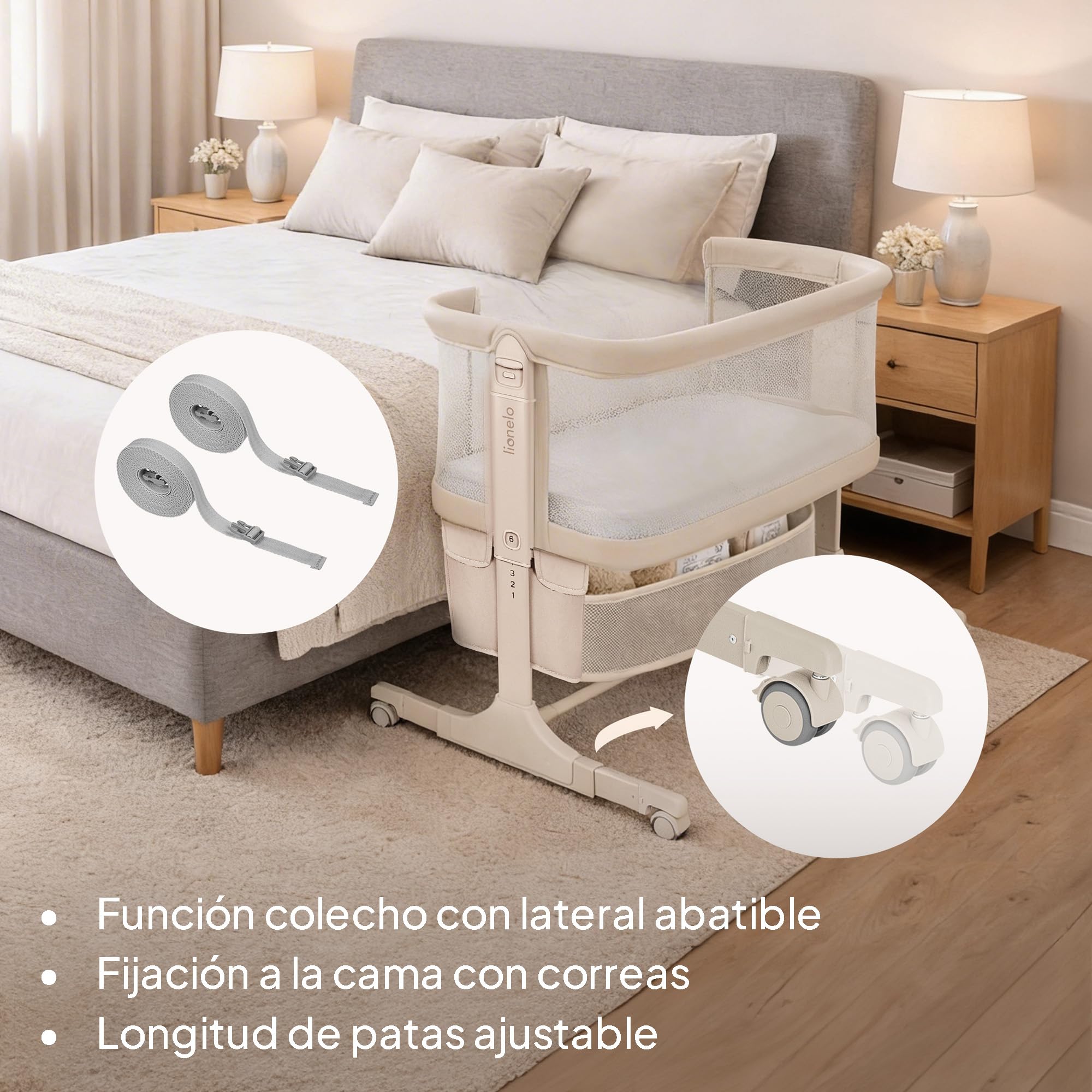 lionelo Jodie Cuna 3 en 1 hasta 9 kg, Cuna de colecho, Cama Mecedora, Ajuste de Altura e inclinación del colchón, 4 Ruedas con Freno, Colchón Ergonómico, Malla Transpirable, Bolsa, Mosquitera