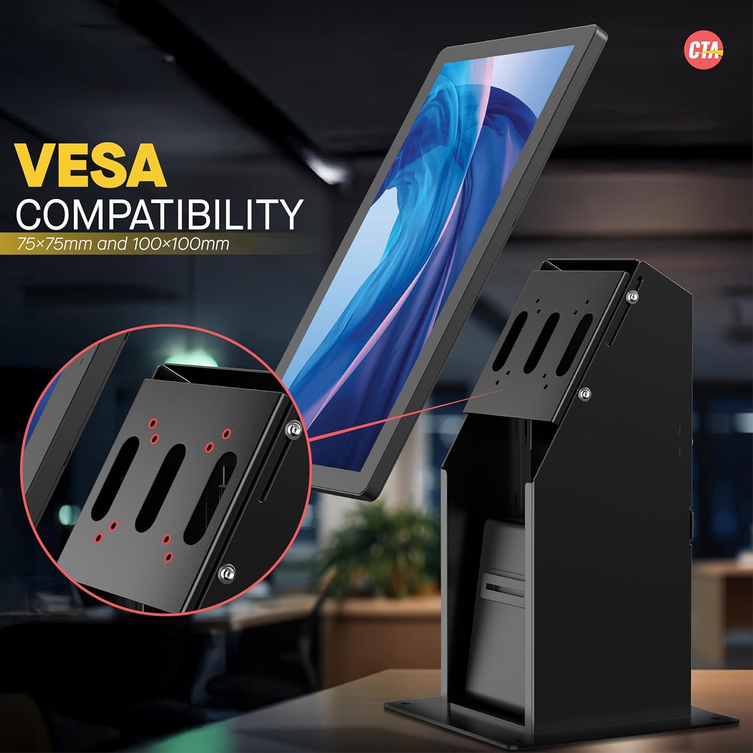 Self Service Kiosk POS Stand - CTA with CPU & Printer Compartments for Digital Signage Displays TV's & Monitors up to 33 Pounds - for Restaurants, Retail & Business - Black - (ADD-SSKPCB)