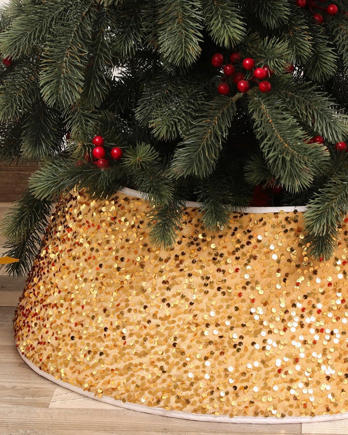 Gonna Albero Di Natale Yookat 61 Cm – Base Rotonda Oro Champagne Con Paillettes, Per Piccoli Alberi E Decorazioni Natalizie