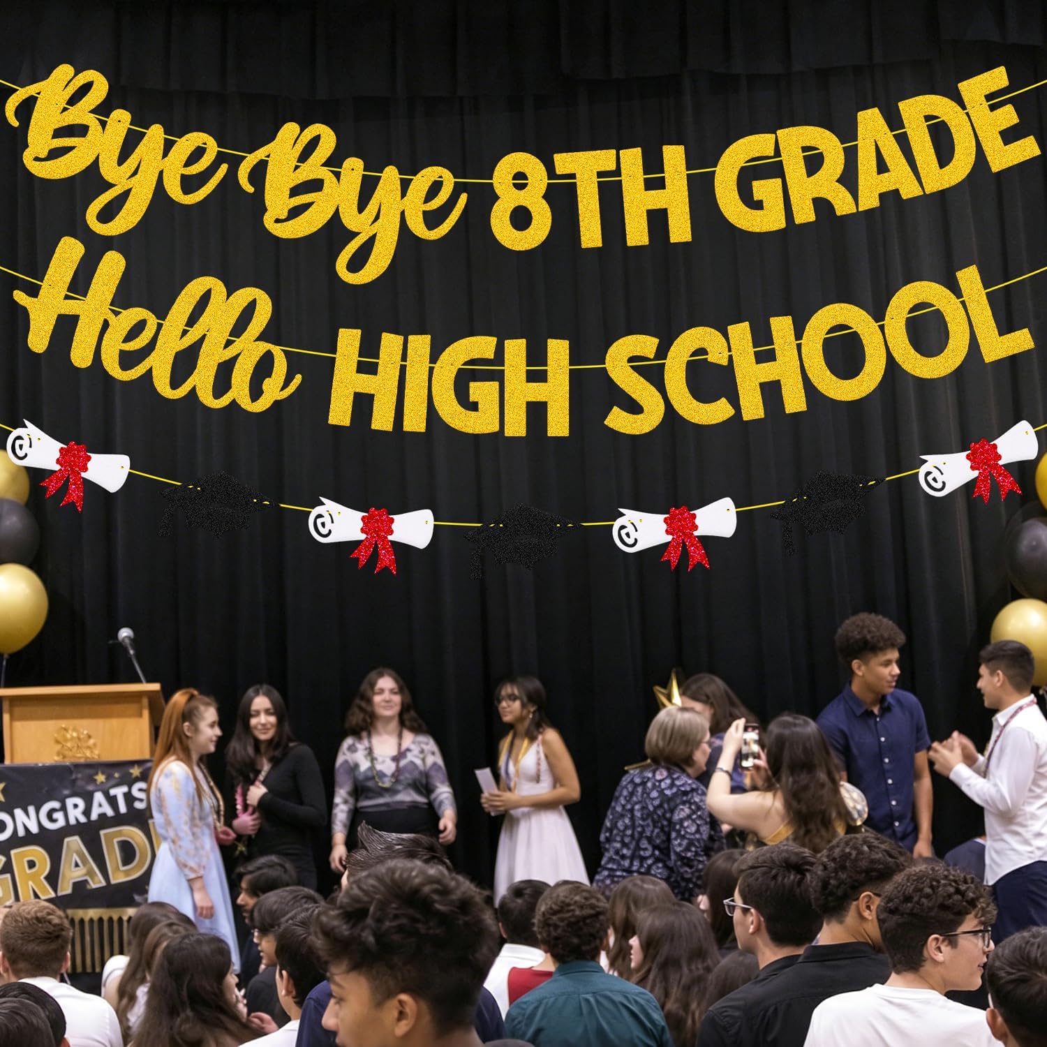 Bye Bye 8th Grade Hello High School Banner 8th Grade Graduation Party Decorations Class of 2026 Next Stop High School Decoration Congrats 8TH Grade Graduation Party Supplies