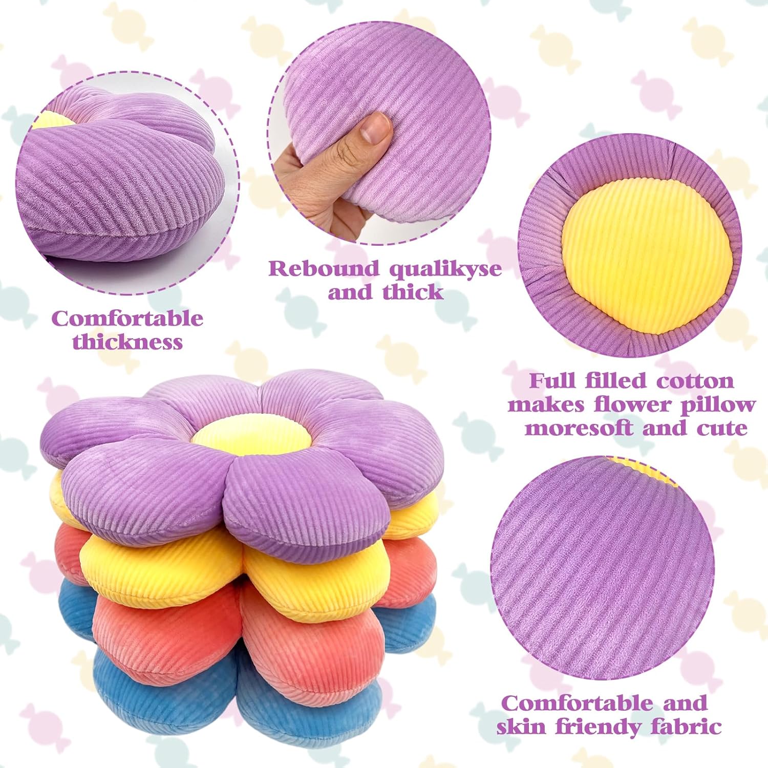 CIEOVO 4 Pcs Plush Throw Pillows, 16 Inch Cute Daisy Shaped Floor Cushions, Aesthetic Seat Cushions for Home, Kids Seating, Bedroom Sofa Decor