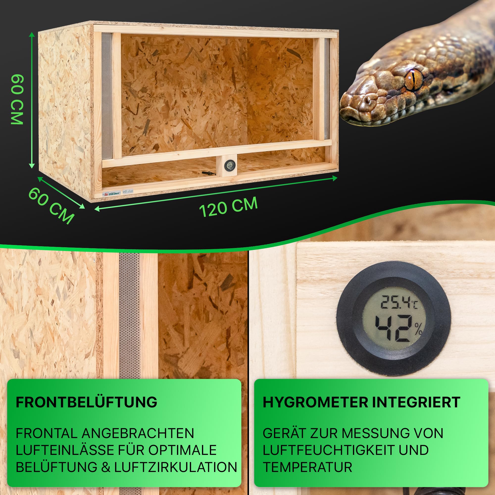 ITA Holz Terrarium 120x60x60 cm mit Frontbelüftung & Integriertem Hygrometer - Holzterrarium aus OSB-3 Platten - Terrarien für Reptilien, Schlangen, Amphibien - EU Produkt, FSC Zertifiziert