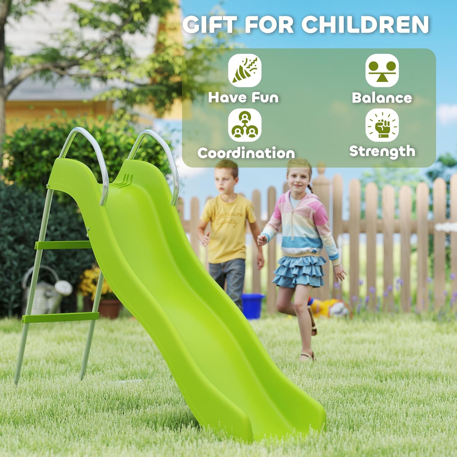 Qaba Outdoor Slide for Kids Ages 3-8, 5.7FT Freestanding Wave Slide, Climbing Step Ladder, Playground Equipment for Backyard, Garden, Gift for Boys and Girls, Green