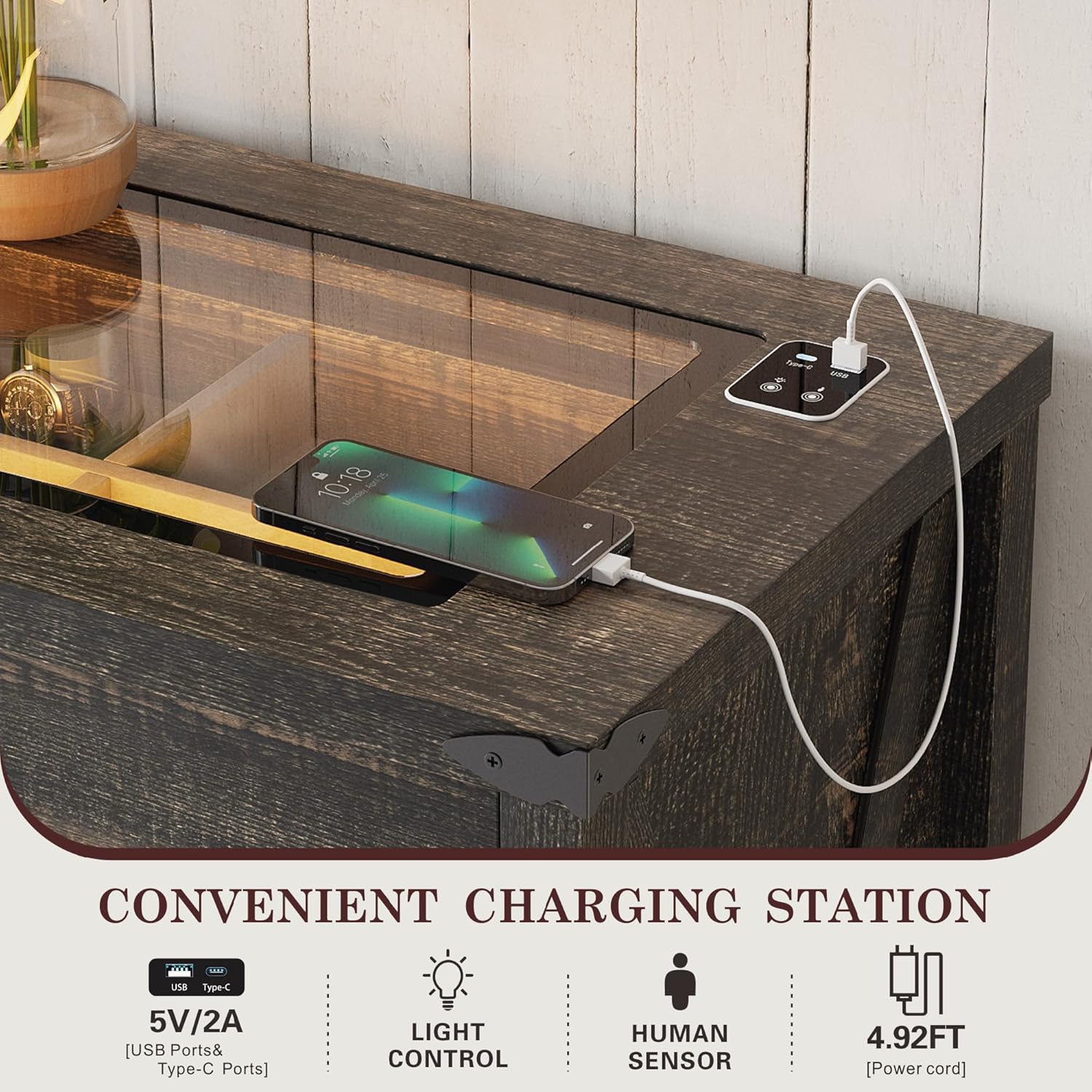 Close-up of the charging station with USB and Type-C ports