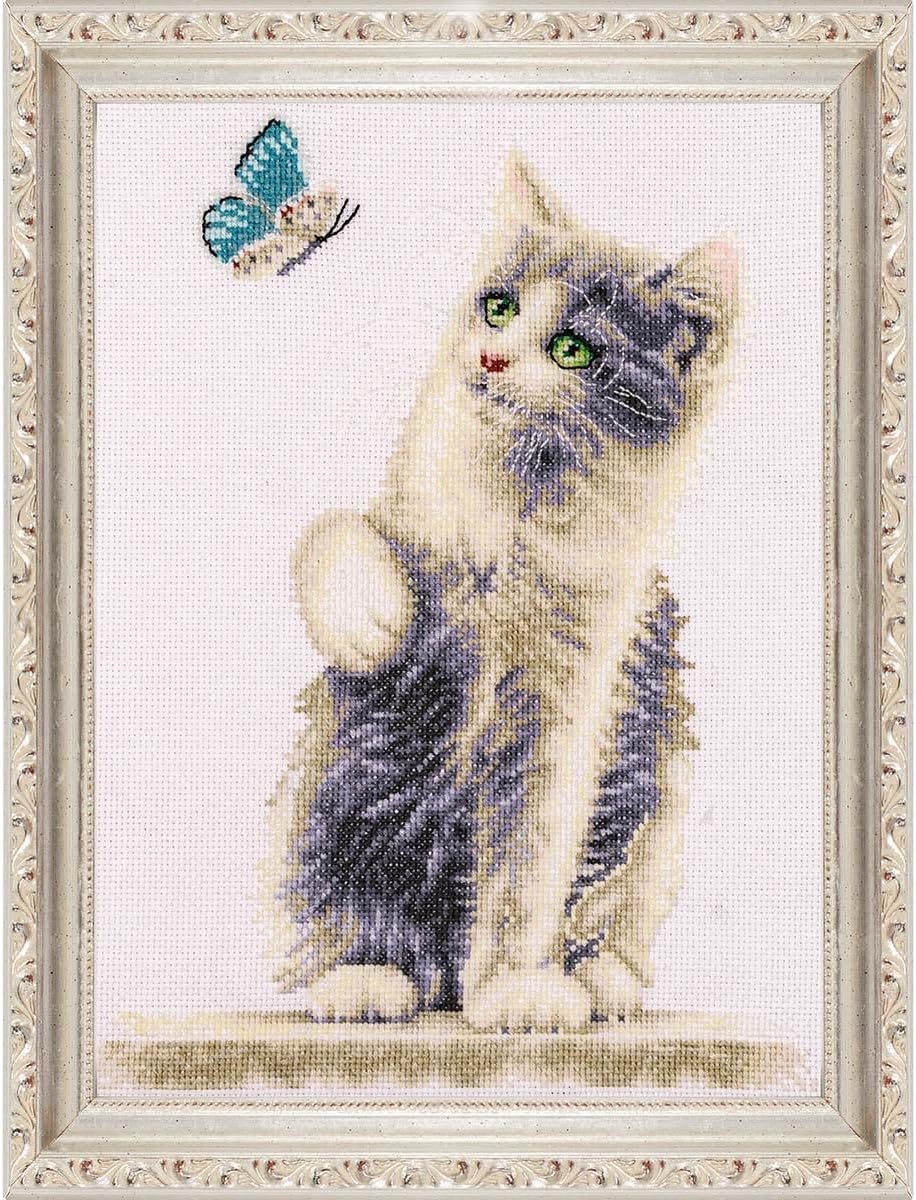 DUTCH STITCH BROTHERS - Counted Cross Stitch Kit - DSB013A - Cat with Butterfly - White Aida - 13.4 x 9.5 Inch - DIY for Adults