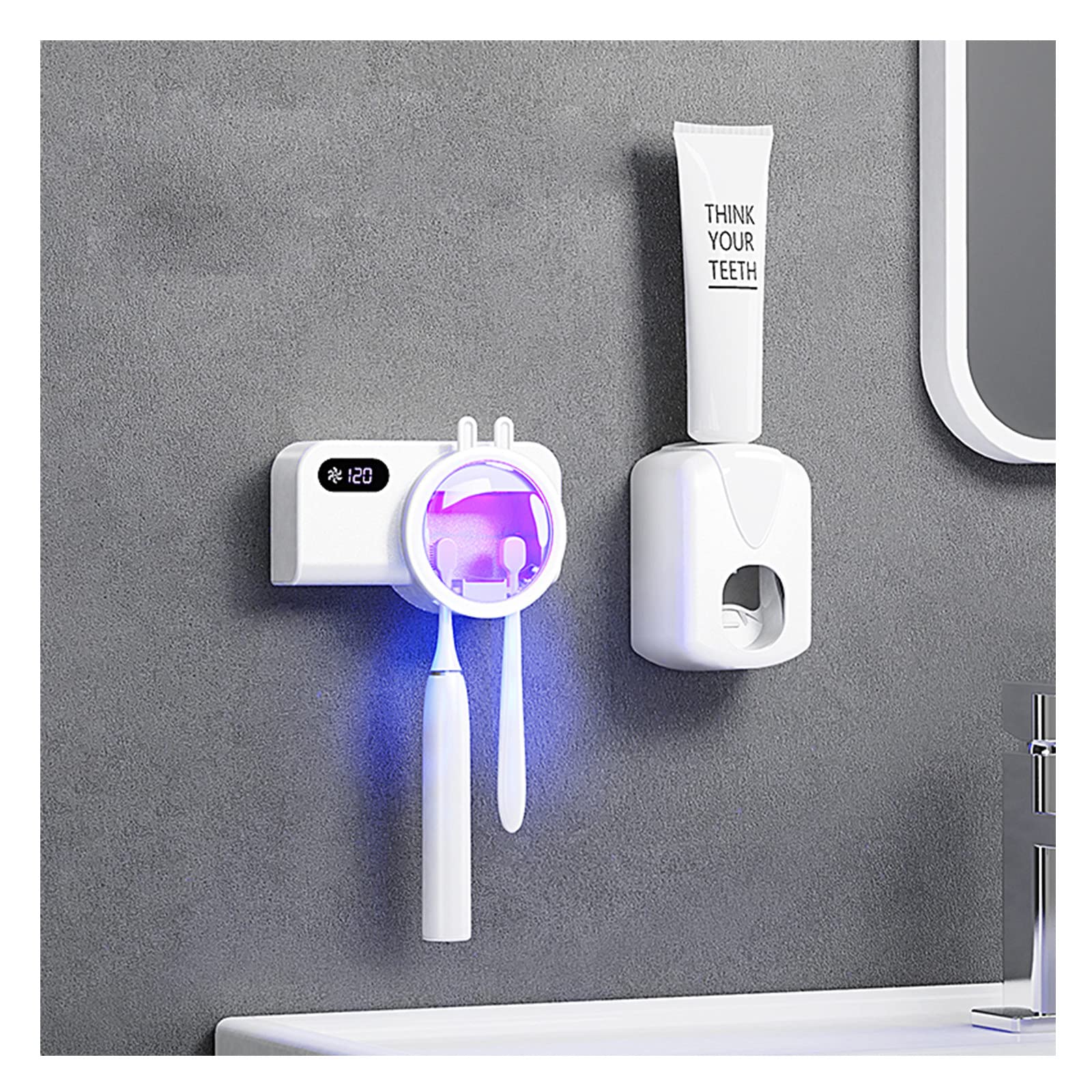 Porta Cepillo de Dientes, Soporte Cepillo de Dientes con Función Esterilizador y Secado LED Dispensador Pasta Dientes Organizador Baño USB Recargable Blanco