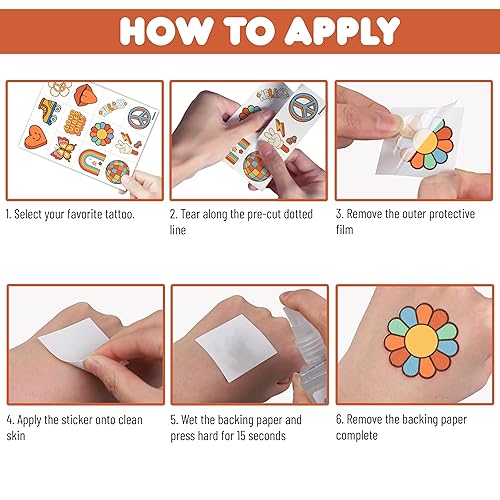 Miniatura 6 de 96 tatuajes temporales precortados de los años 70  Poder floral retro, decoraciones de fiesta y recuerdos de Good Vibes  Bonitas calcomanías de