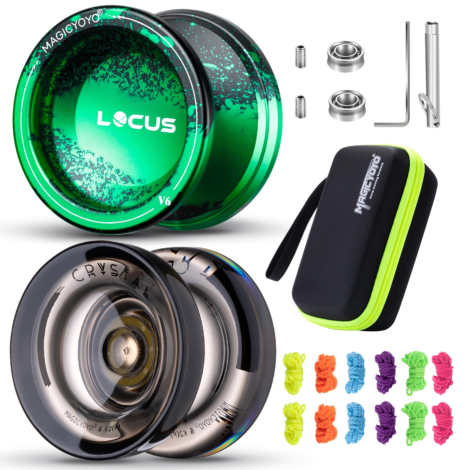 MAGICYOYO Pack of 2 Yoyos - Professional Responsive Yo-yo for Kids Beginner, Metal Yo yo V6+Plastic Yoyo K2, Dual Purpose Yo Yo with Unresponsive Yoyo Bearing for Adults+12 Yoyo Strings+Removal Tool