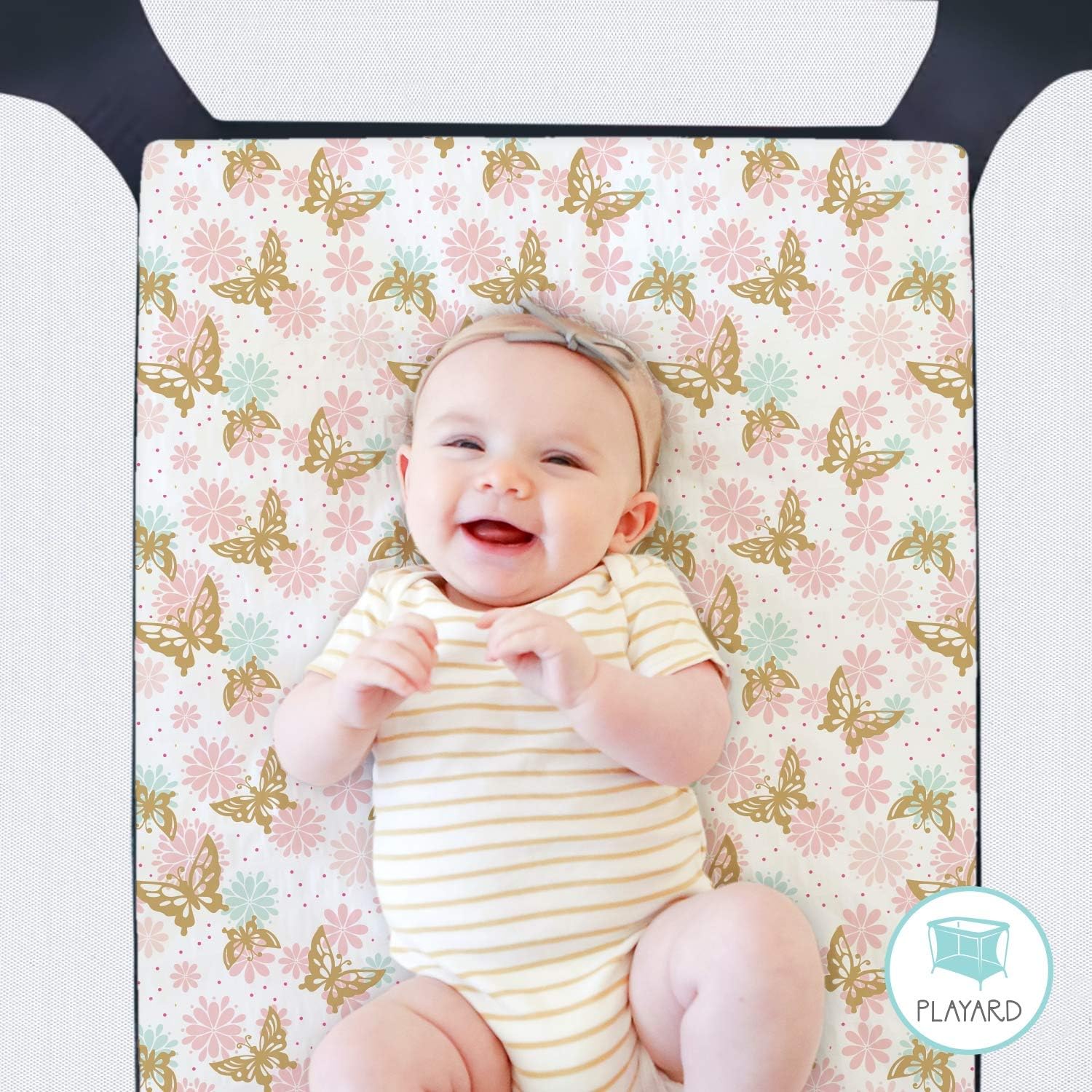 The Peanutshell Fitted Pack n Play, Playard, Mini Crib Sheets for Baby Girls | 2 Pack Set | Pink & Gold Butterfly and Pink Ditsy Floral