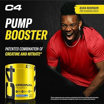 C4 Original Pre-Workout Powder For Endurance, Focus & Performance with 150mg Caffeine, Beta-Alanine, Creatine, Zero Sugar, 30 Servings, Icy Blue Razz