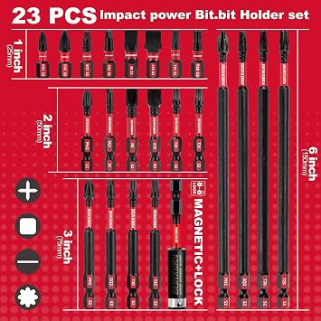 GEINXURN Impact Tough Magnetic Mixed 23Pack Insert Driver Bits, S2 Alloy Steel Screwdriver Power Bits Set with 1Pcs Impact Magnetic Bit Holder