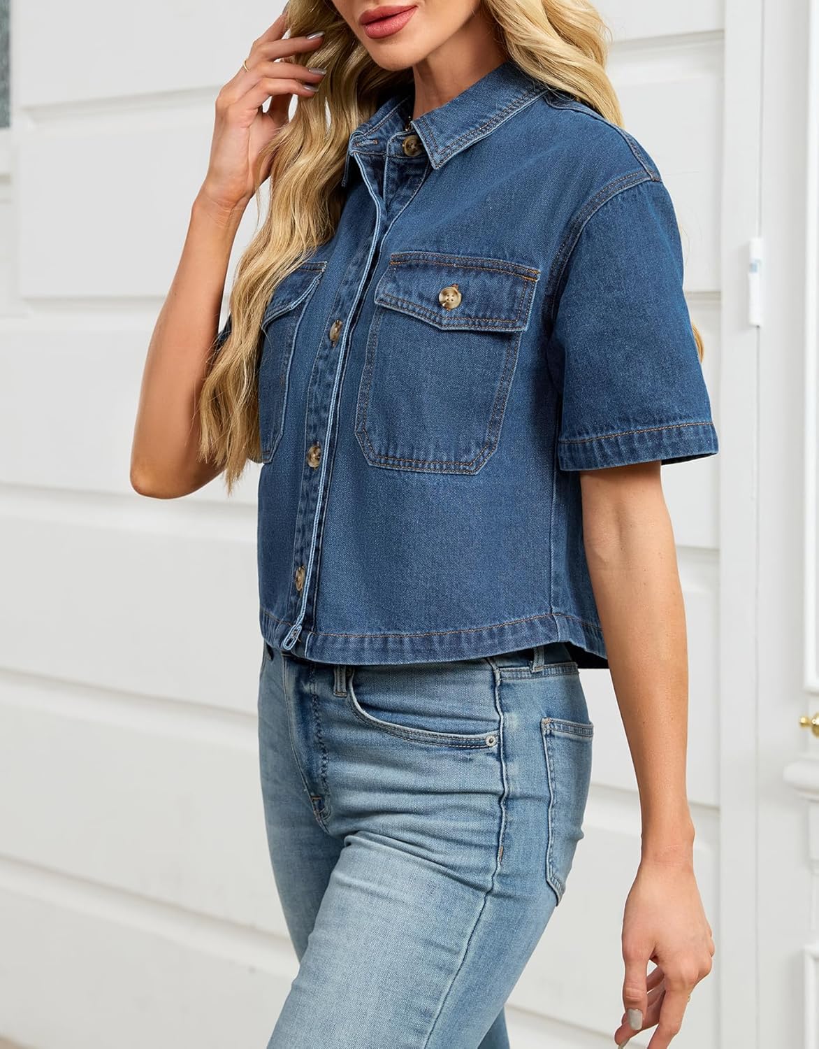Kedera Womens Crop Denim Shirt Short Sleeve Button Down Short Jean Jacket Trendy Jean Tops Shackets - Image 2