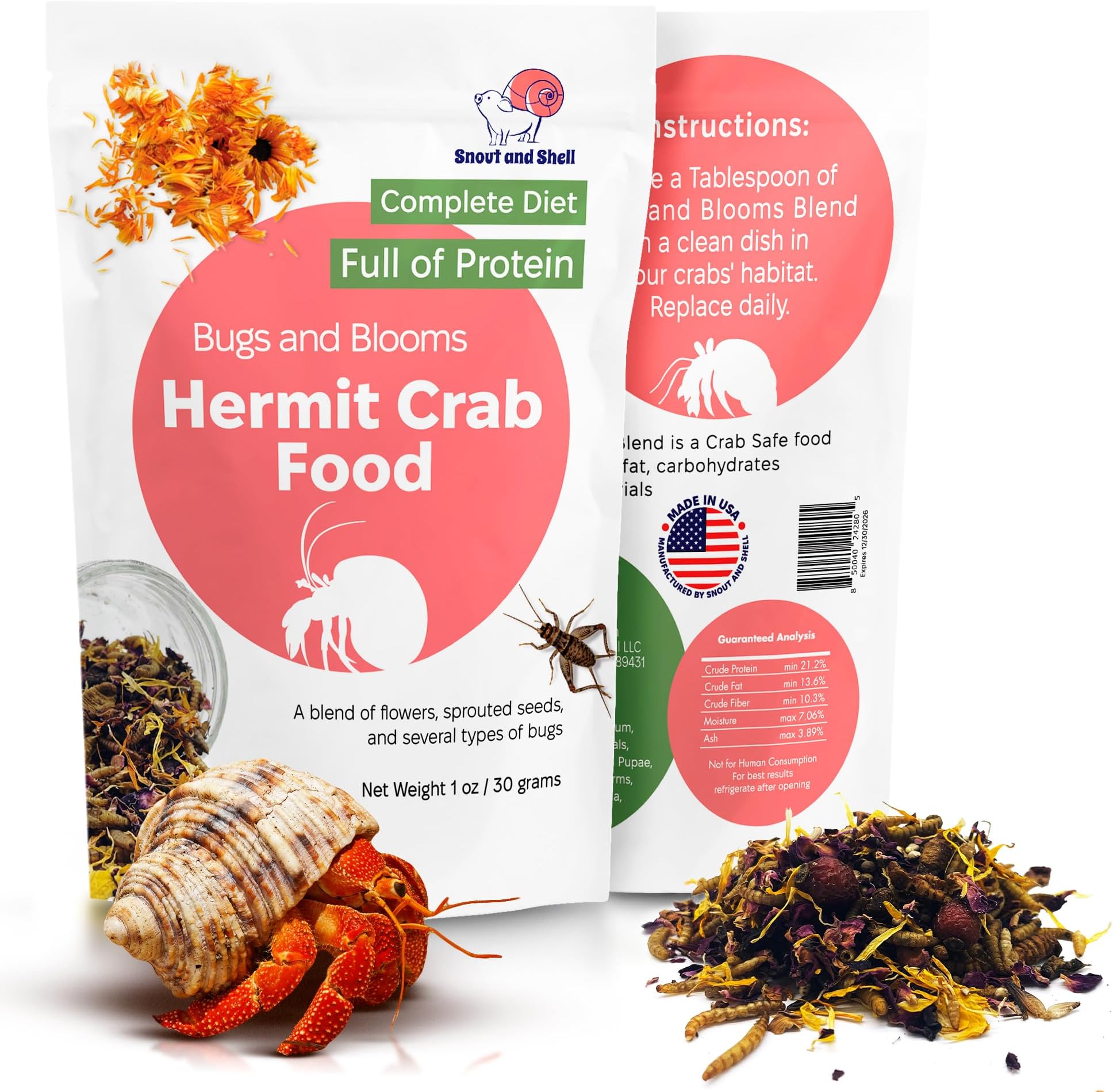 Snout and Shell Bugs and Blooms Hermit Crab Food - 1 oz - 30 Grams - Whole Food Diet for Hermit Crabs - Seeds, Bugs and More