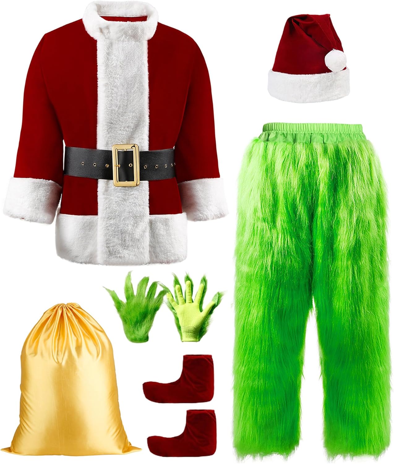 Halloween Costumes Adult Men Green Santa Costume, 8Pcs Furry Santa Suit Funny Christmas Santa Outfit