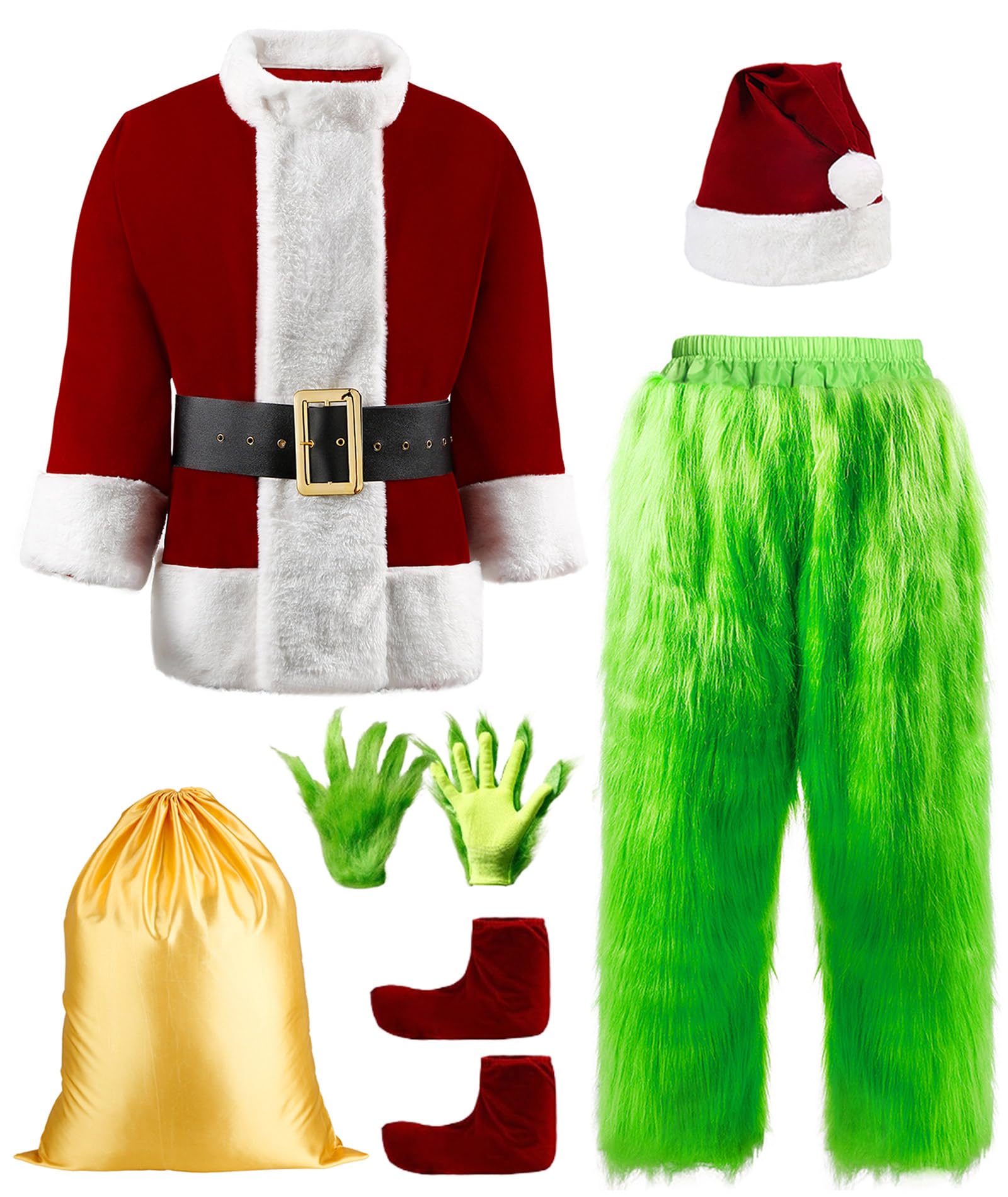 Jaaytct Halloween Costumes Adult Men Green Santa Costume, 8Pcs Furry Santa Suit Funny Christmas Santa Outfit