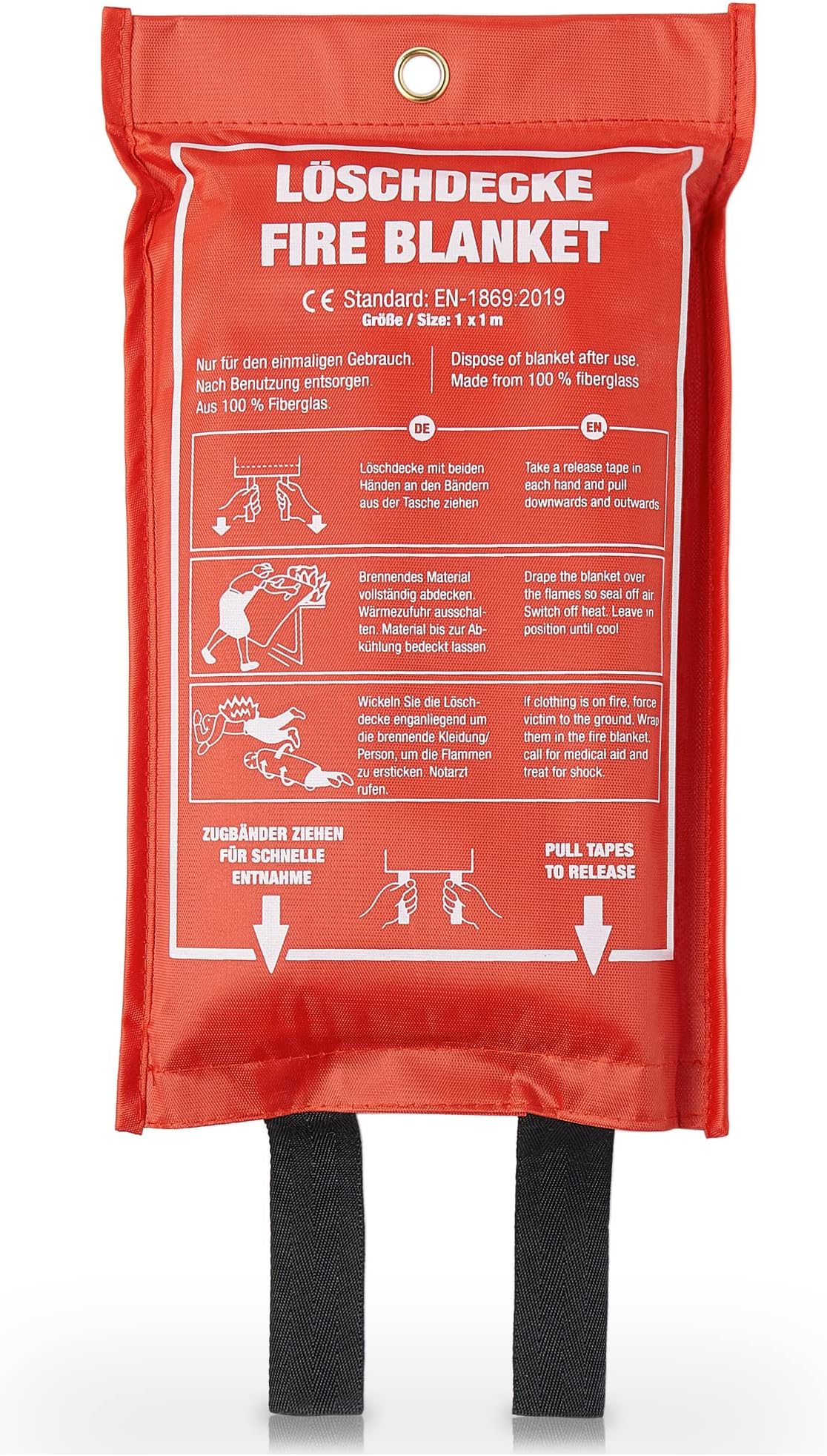 AmazyFire Blanket (1.2 x 1.2 m) + Soft Case + Escape Way Sticker – Fire Retardant Blanket for Use in the Domestic Kitchen and around the House – Kite marked to BS EN 1869:1997