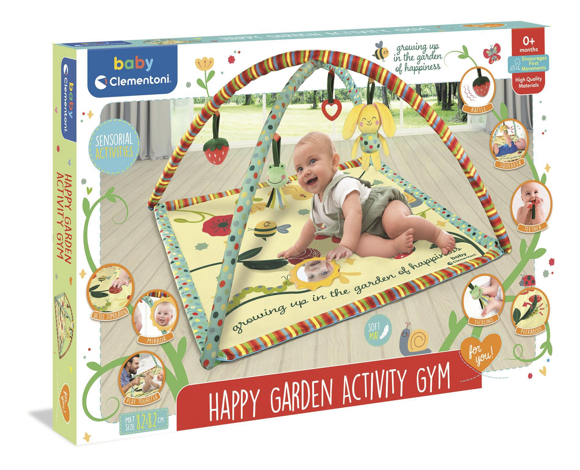 Baby Clementoni - Happy Garden Activity Gym, Palestrina Neonato 0+ Mesi, Stimola lo Sviluppo Sensoriale e Motorio con Suoni e Attività Interattive Divertenti, 17972