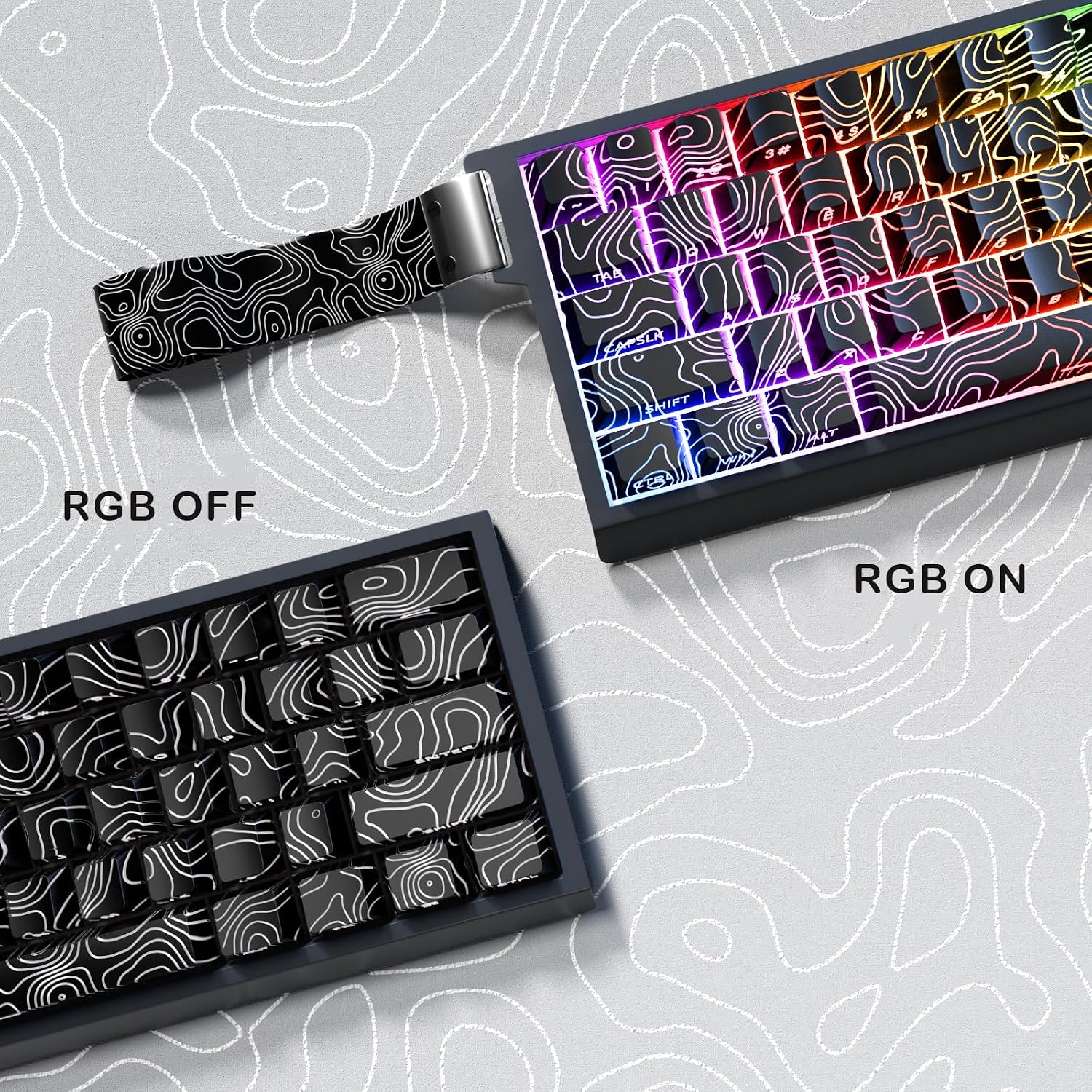JSJT Black Keycap Side-Printed PBT Keycaps 60 Percent,Topographic Pattern Shine Through Keycap Set,Cherry Profile Key caps,131 Keys for Cherry MX Switch Mechanical Keyboards(Only Keycaps)