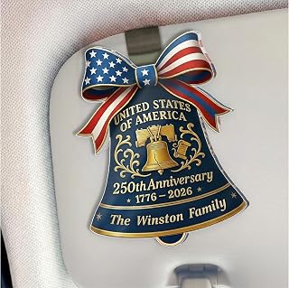 Personalized 250th Anniversary Car Visor Clip 1776-2026 Custom USA Patriotic Bell Ornament Drive Safe Charm, Independence Celebration Gift for Family, Memorial Auto Accessory