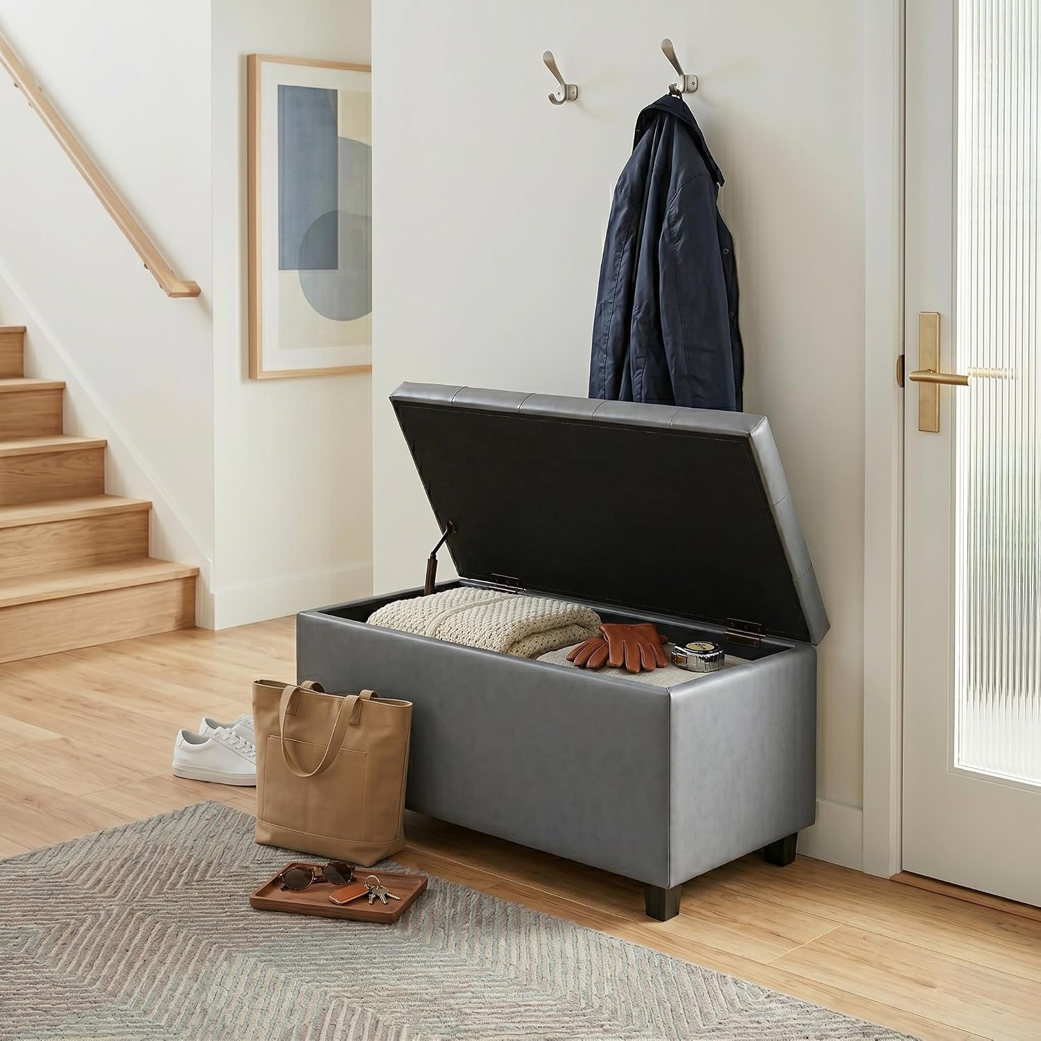 SIMPLIHOME Cosmopolitan 34" Wide Vegan Leather Storage Ottoman in Grey image 4
