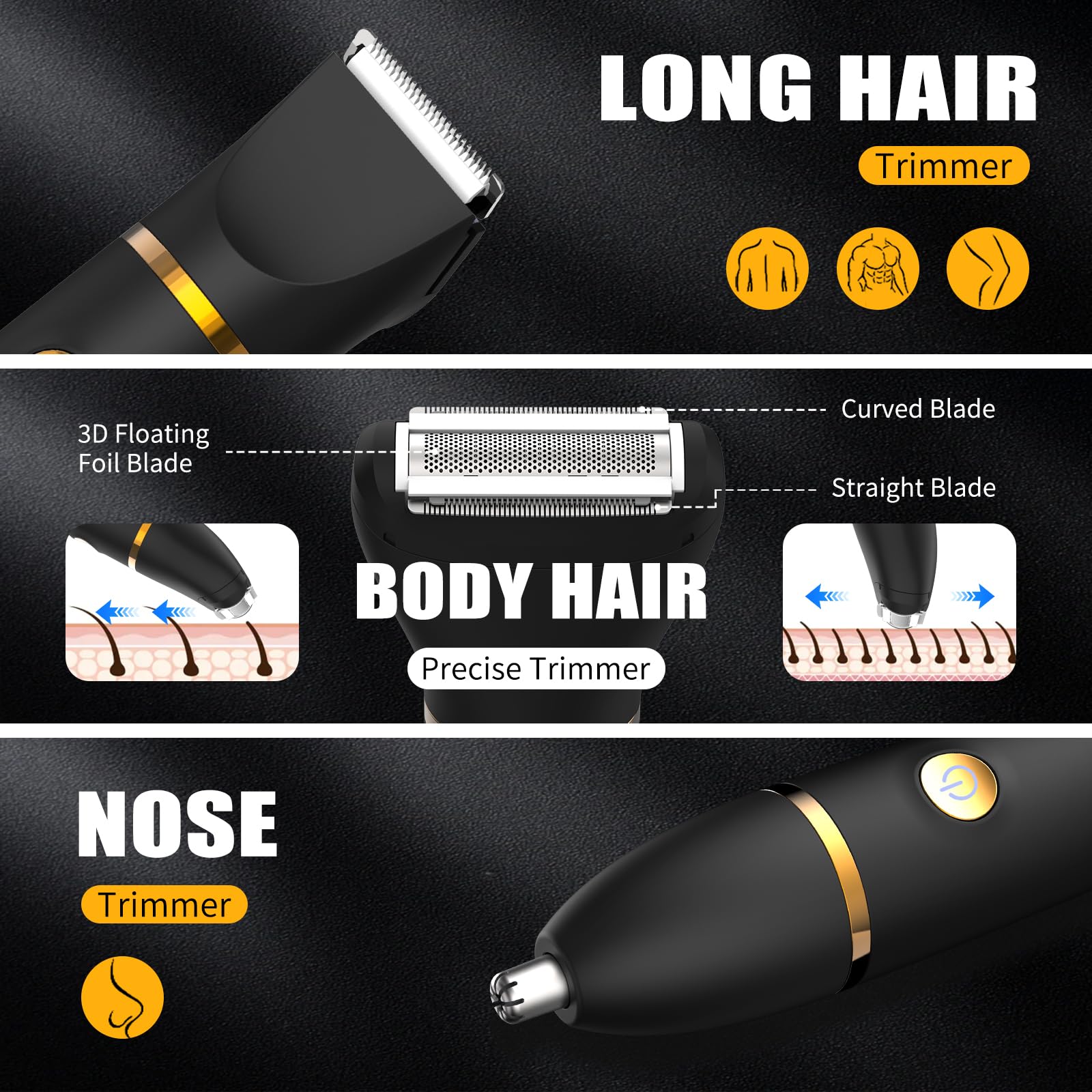 Rasoio elettrico 3 in 1 impermeabile IPX6 con rifinitore di precisione e rasoio per corpo, naso, inguine, gambe e petto, display a LED