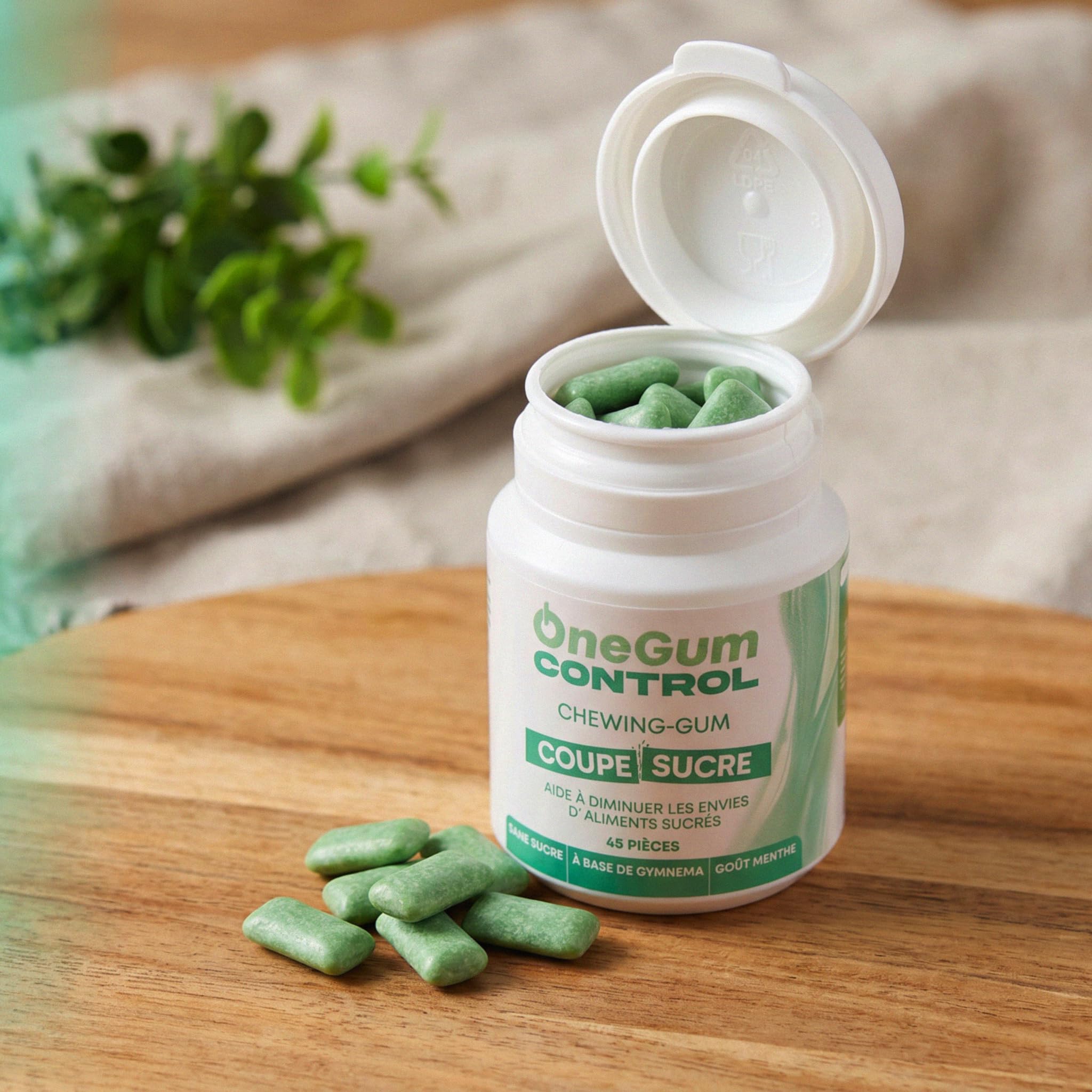 OneGum CONTROL Chewing-Gum Menthe Coupe-Sucre Gymnema Sylvestre, Boîte 45 | Atténue le Goût Sucré en Quelques Minutes, Sans Sucre, Vegan