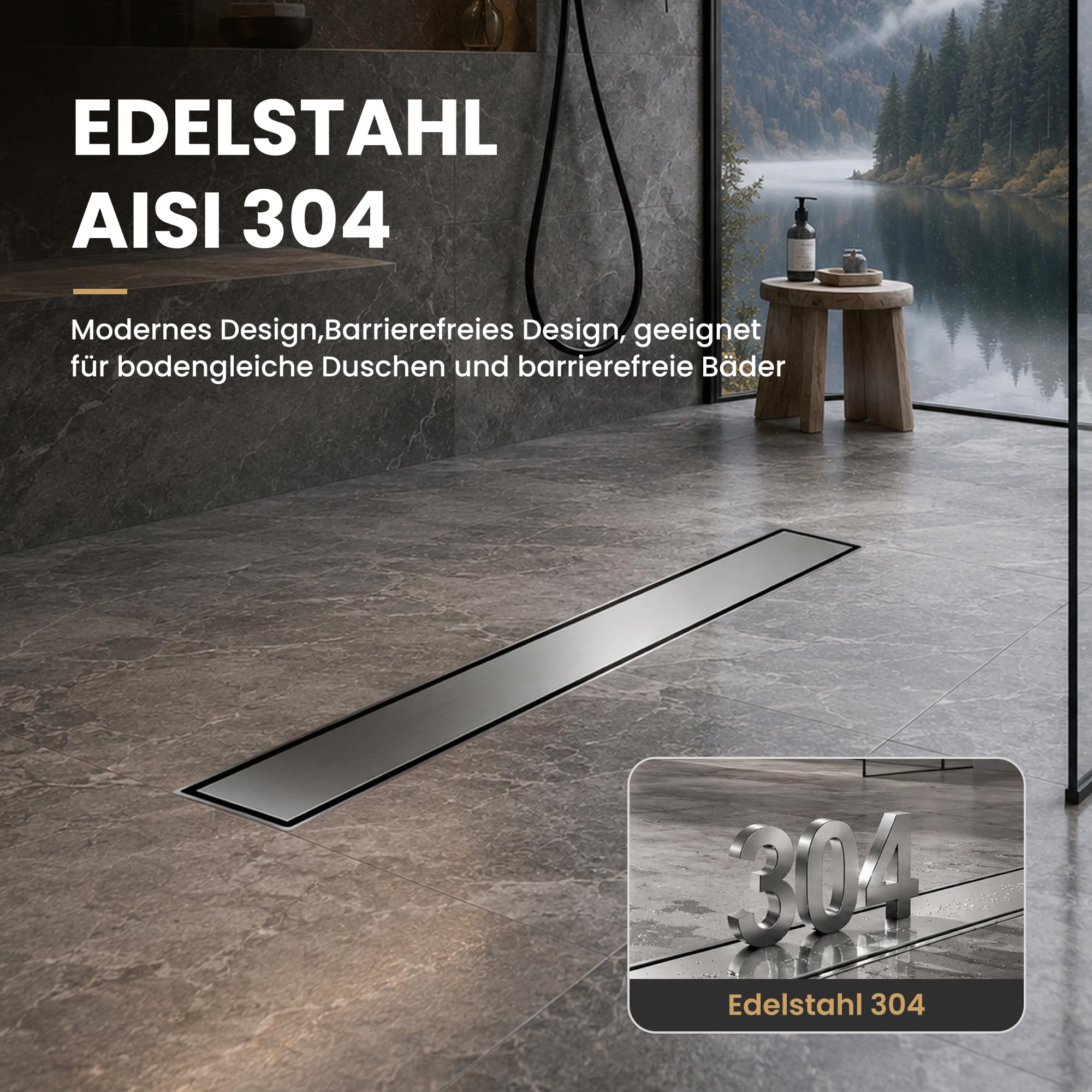 Befliesbar Duschrinne 80 cm | AISI 304 Edelstahl Duschablauf mit Geruchsfreiem Siphon, Haarfilter, Barrierefreiem Design für Bodengleiche Dusche