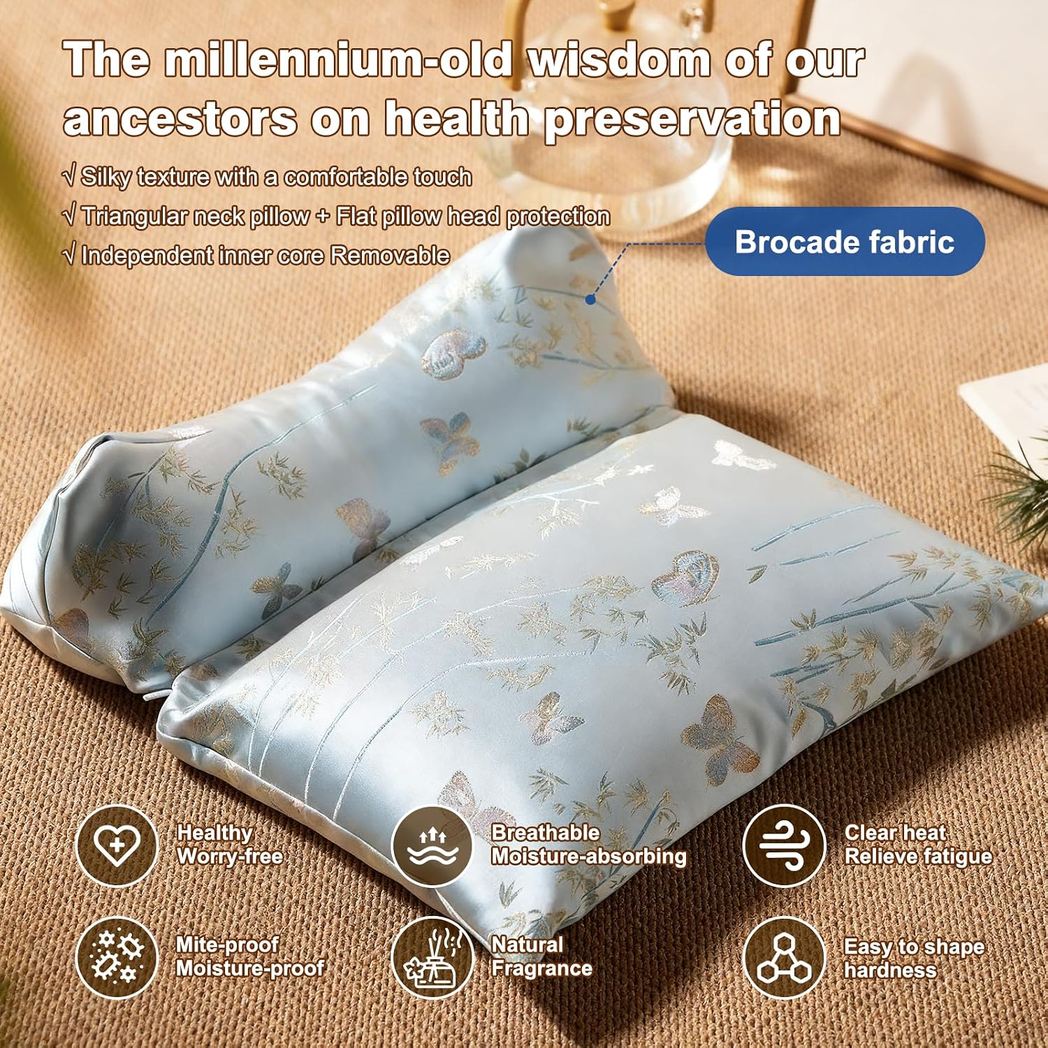 2-in-1 Adjustable Buckwheat Neck Pillow for Sleeping – Cooling Silky Brocade Cover – Detachable Bolster Cushion for Neck & Lumbar Support – Natural Buckwheat Hulls with Calming Herbal Blend