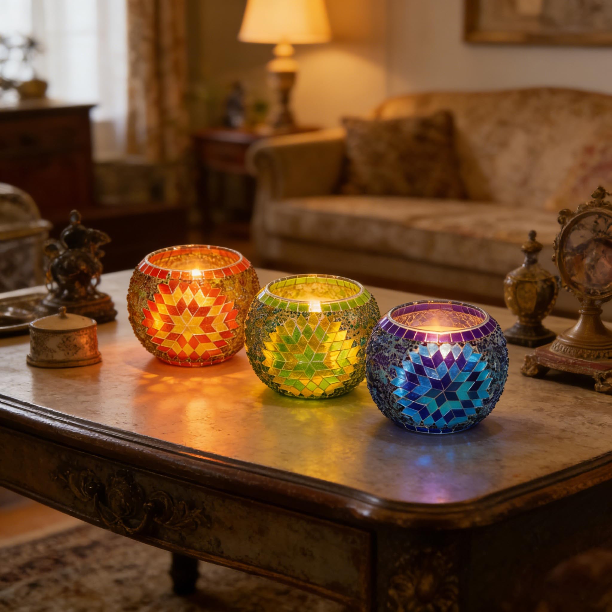 Vintage Mosaikglas Romantischer Windlicht-Kerzenhalter für Teelichter Elegante Tischdekoration für Zuhause (OHNE Kerzen) Perfekt für Hochzeiten Partys Weihnachten Kirche