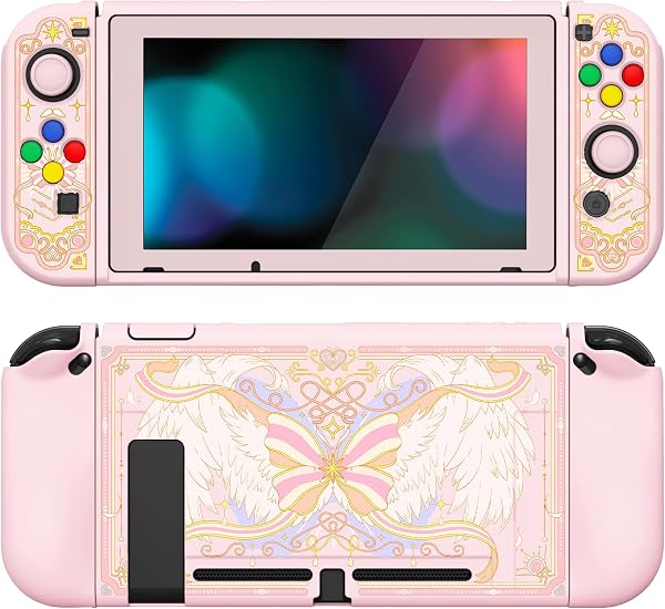 playvital ZealProtect Soft Protective Case for Nintendo Switch, Flexible Cover Protector for Switch with Tempered Glass Screen Protector & Thumb Grips & ABXY Direction Button Caps - Magic Wings - 1