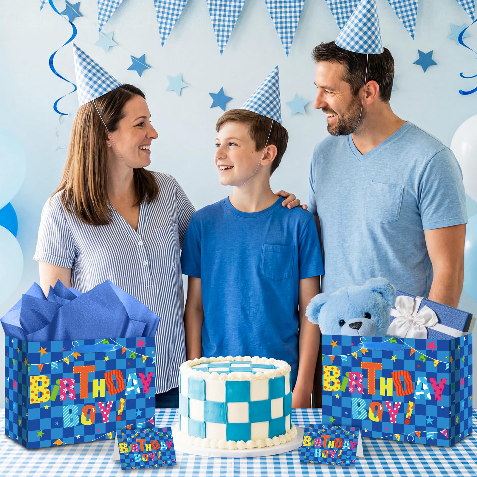 Innovoscape Blue Birthday Gift Bag for Boys Birthday Favor Bag with Tissue Paper and Card Colorful Happy Birthday Bag for Kids Boys Birthday Party Baby Shower