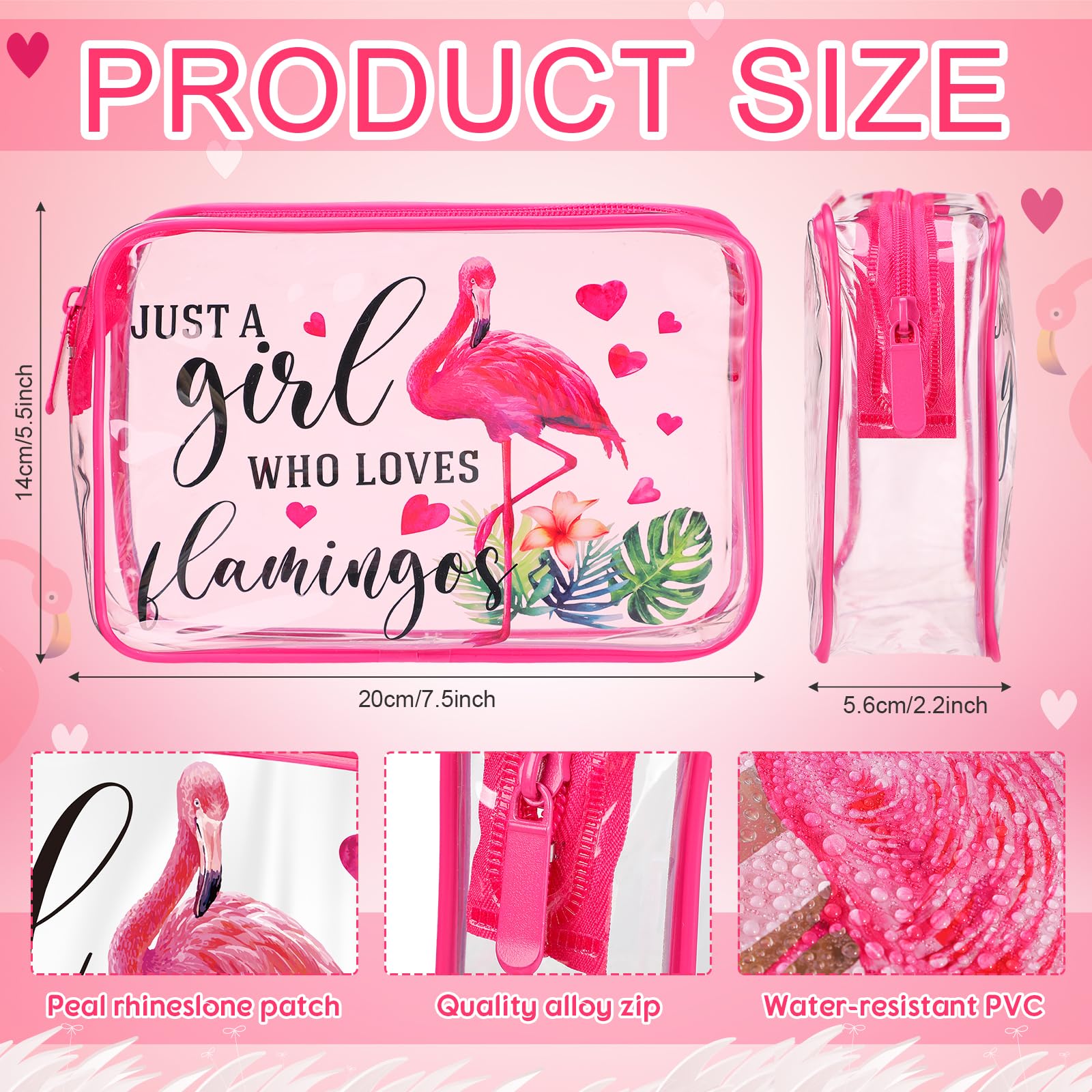 Transparente Make-up-Taschen mit Flamingo-Muster für Damen, adrette Kosmetiktaschen mit Reißverschluss, rosa Lächeln, Blitz, Sommer, transparent, PVC, wasserdicht, Reise-Kulturbeutel für