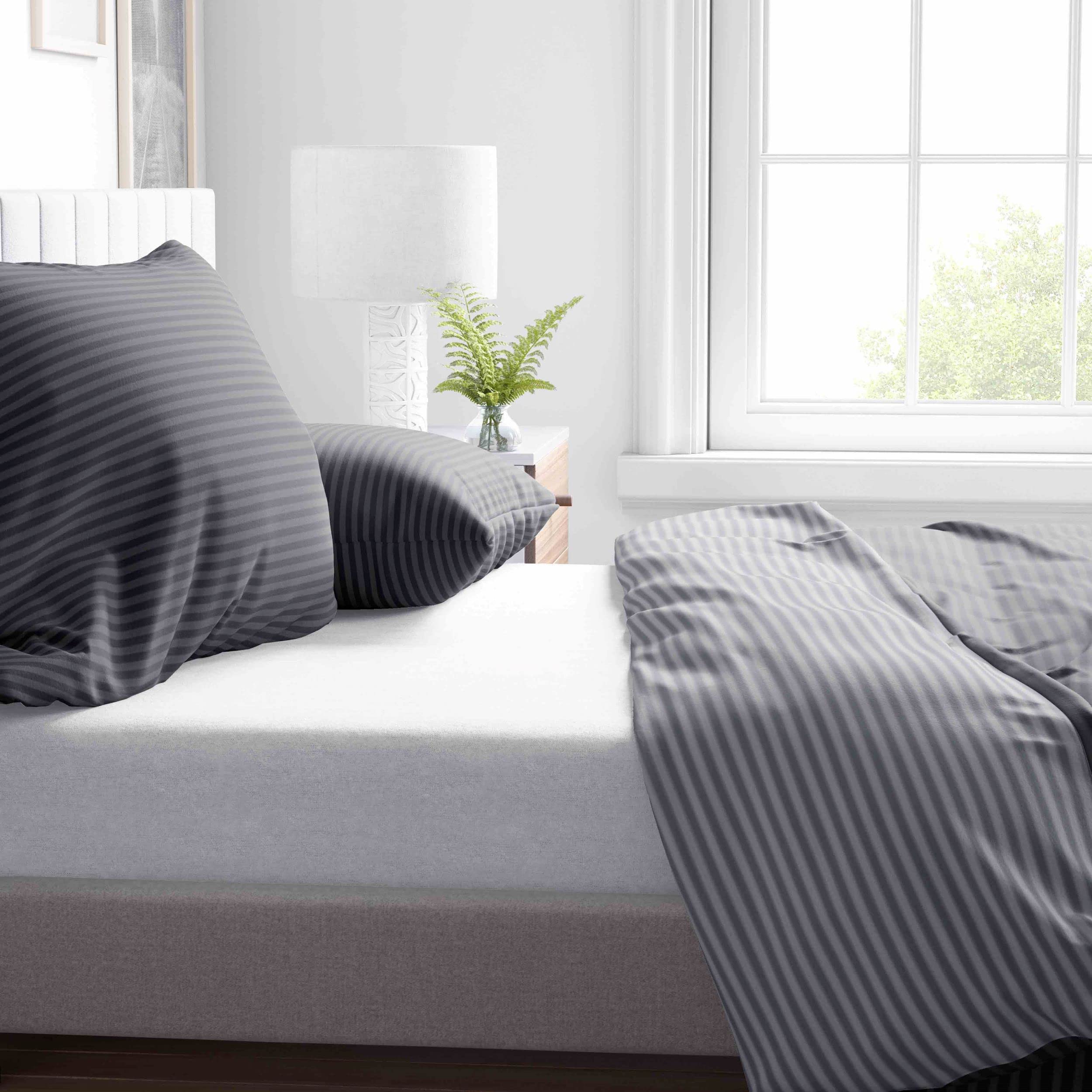 Set Biancheria Da Letto 155x220 Cm In Cotone 4 Stagioni - Motivo A Righe Grigio, Con Federa 80x80 E Chiusura Lampo