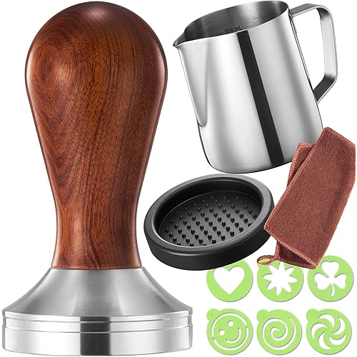 Practimondo Espresso Tamper Set - 51mm Tamper - Frothing Pitcher, Tamper and Espresso Accessories - Premium Barista Espresso Hand Tamper Set (51mm, Wooden Handle)