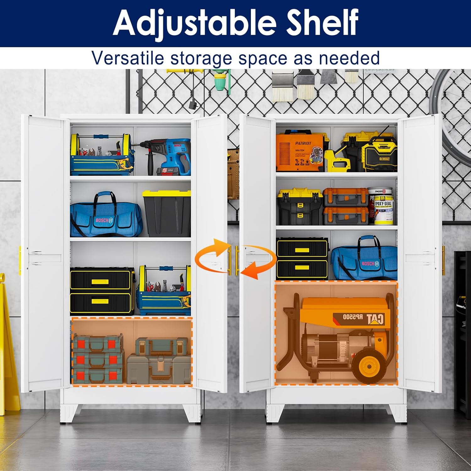 erosoei 61" H Metal Garage Storage Cabinet, Metal Pantry Cabinet with 2 Doors, Locker Steel Cabinet with 3 Adjustable Shelves, Freestanding Cupboard for Garage,Office,Home,Gym,School
