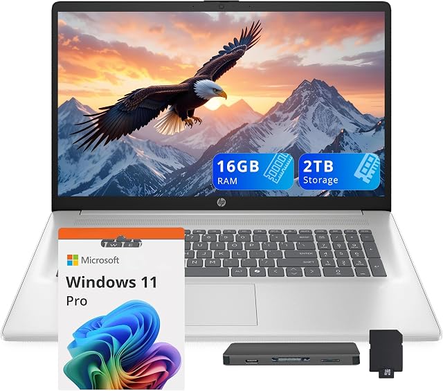 HP 17.3" FHD Business Laptop, Intel i7-1355U, 16GB RAM, 2TB Storage (1TB SSD+1TB Docking Station Set), Intel Iris Xe Graphics, Numeric Keypad, Webcam, Copilot, Wi-Fi 6, Win11 Pro, Silver