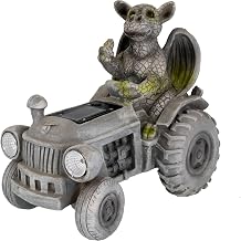 Kremers Schatzkiste Drachenkind auf Traktor mit Solar-Laterne Gartenfigur Drache wetterfest Gartendeko aus Polyresin Solarlicht Scheinwerfer beleuchtet Handbemalt witterungsfest