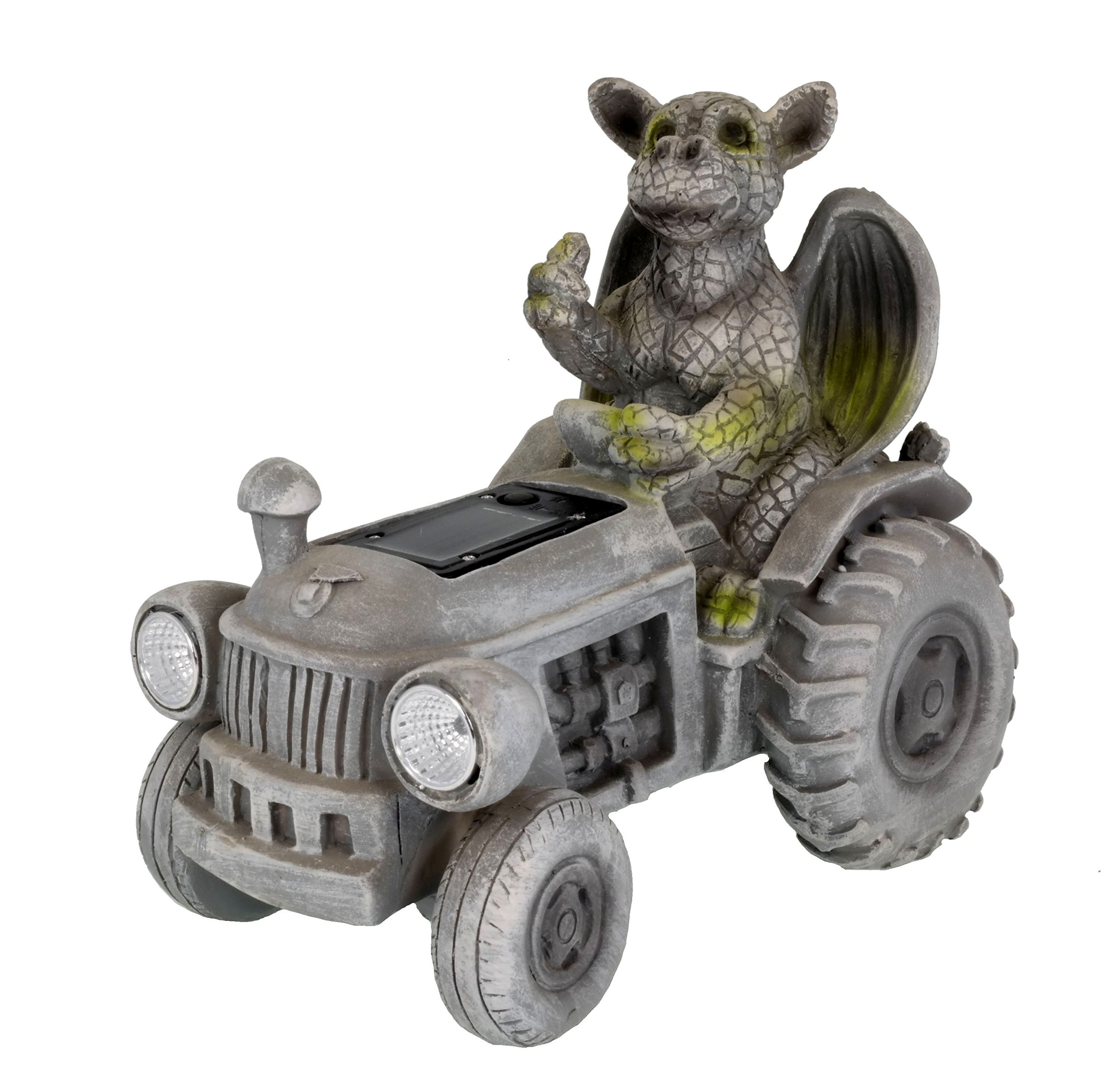 Udo Schmidt Dragon child on tractor with solar headlamp lantern gardening gargoyle sculpture