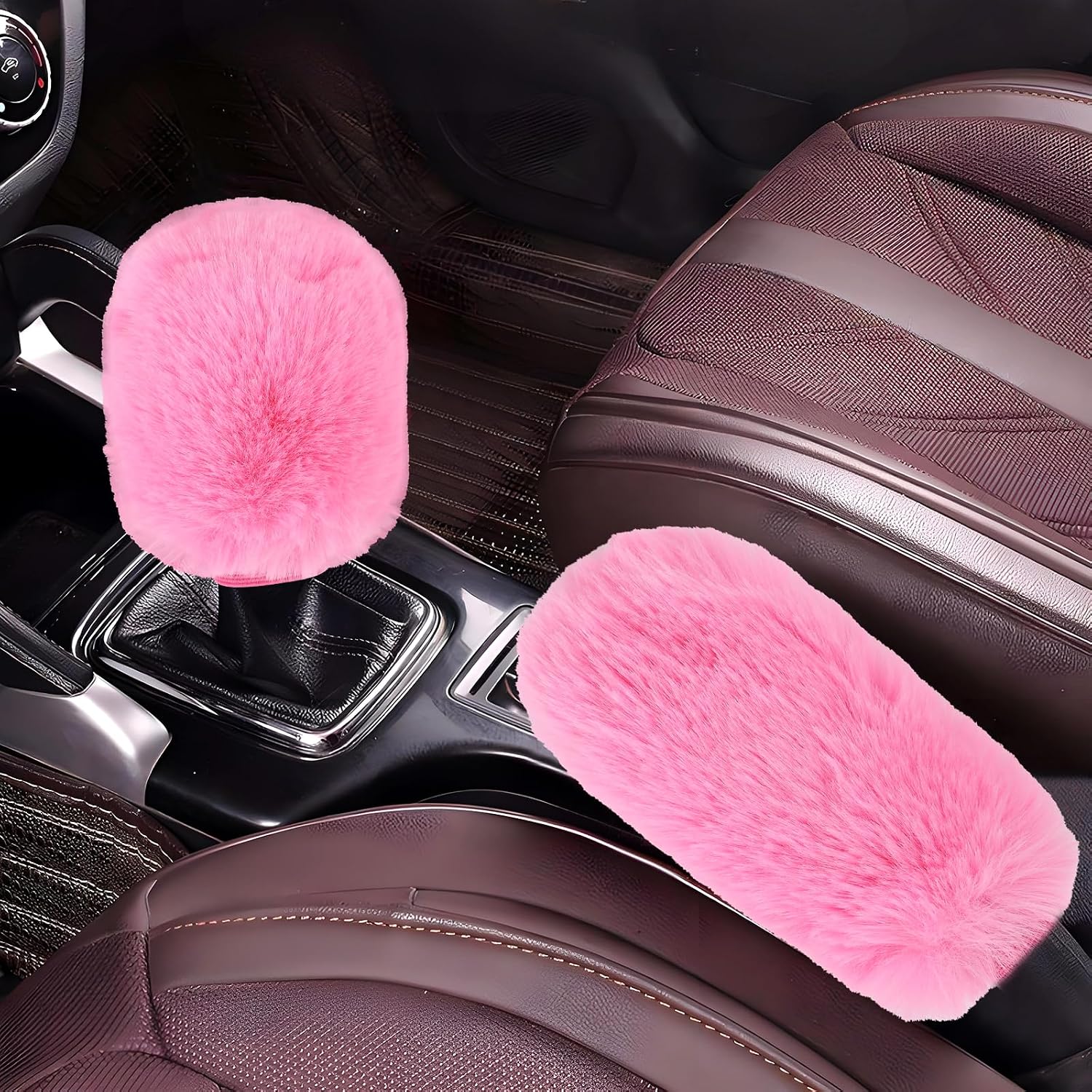Hovom 2PCS Fluffy Car Gear Shift Knob Cover & Handbrake Cover, Soft Plush Hand Brake Handle & Gear Shift Cover for Women Girls, Universal Comfortable Warm Furry Car Accessories (Pink)