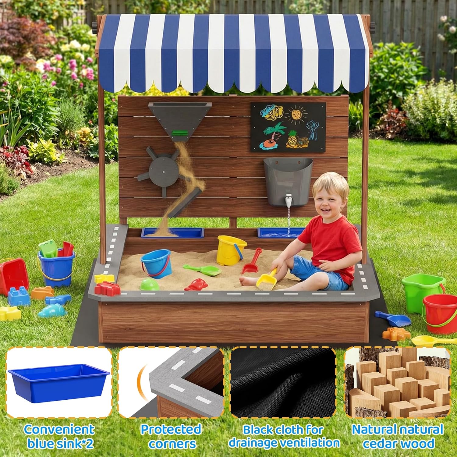 MAMIZO Wooden Sandbox for Children from 3 to 10 Years, Outdoor Children's Sandbox with Adjustable Roof, Tap, 2 Basins, Black Non-Woven Fabric Base, Sandbox for Garden, Patio, Balconies, 100 x 111 x