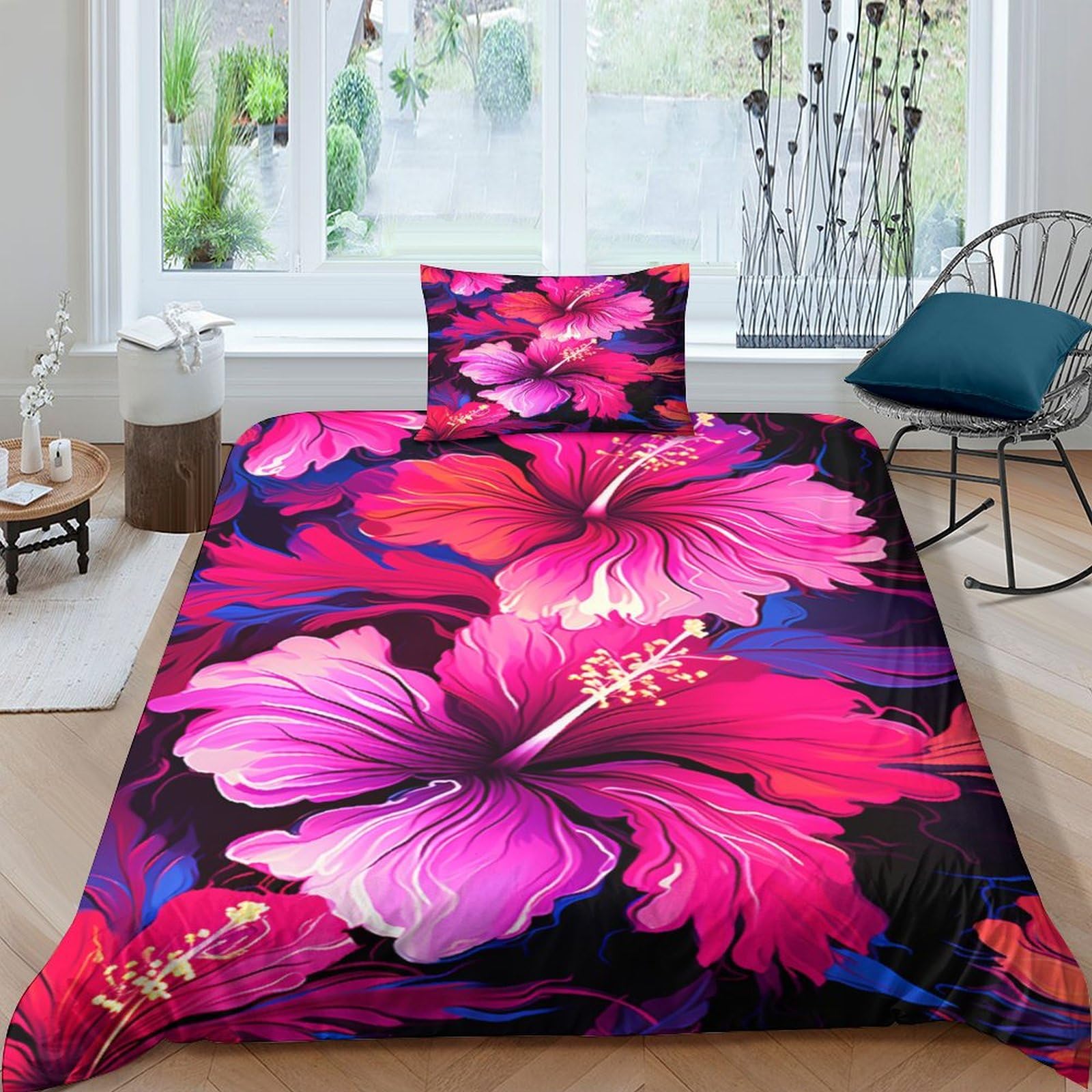 LKBASOEGD Hibiscus Flowers Duvet Cover 3 PCS Hotel Quality Quilt Cover Bedding Bed Covers with Pillowcases with Zipper Closure Breathable Stylish Comforter Single（135x200cm）