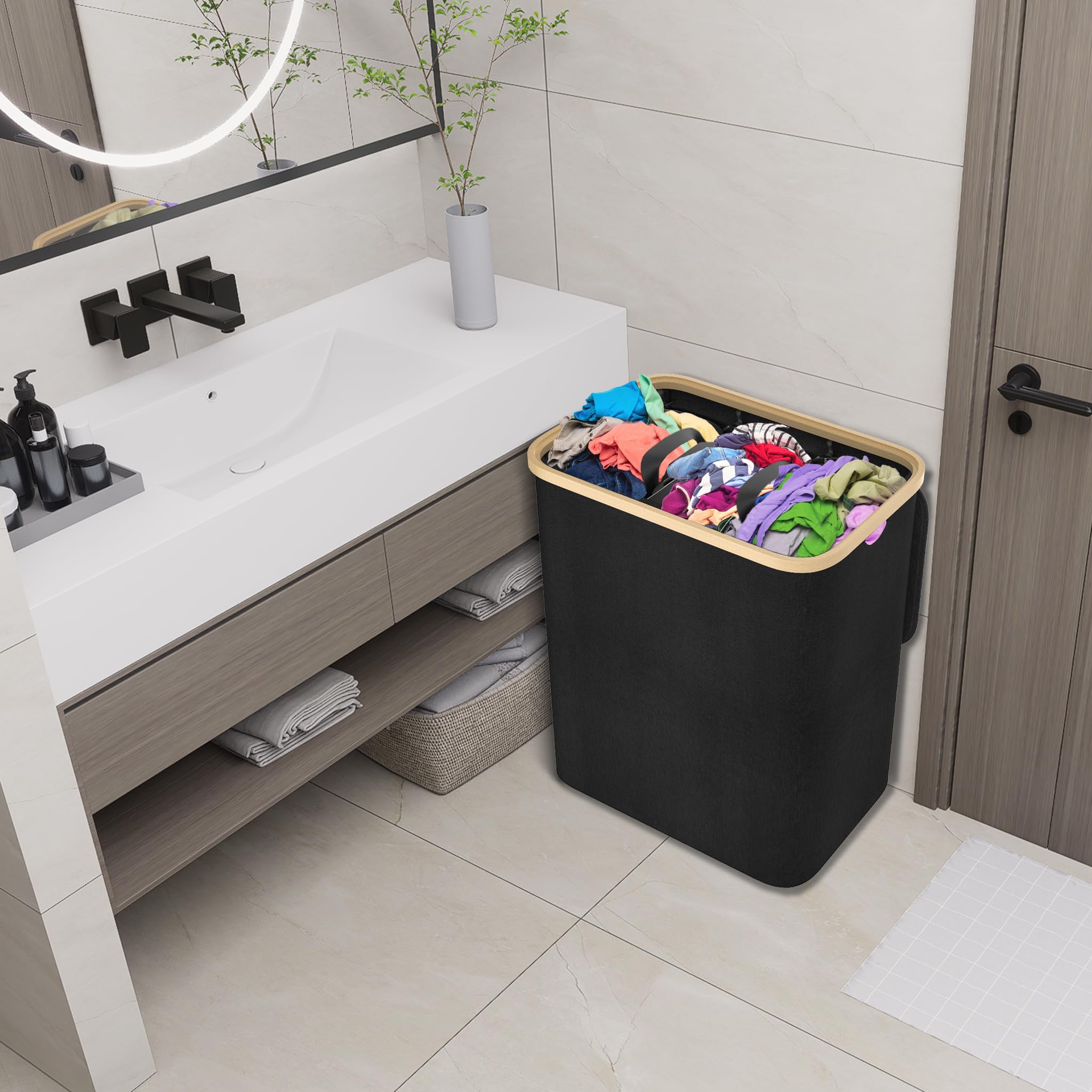 LARS360 Cesto de Ropa con 3 Compartimentos y Tapa, Contenedor Plegable de 140L para Clasificación de Ropa, Caja de Almacenaje (Color Negro)