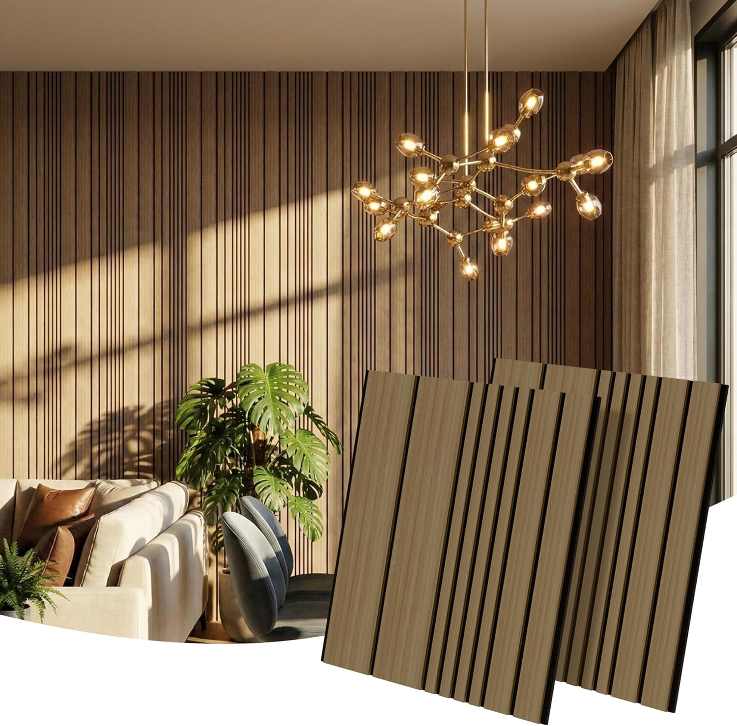 Wall Panels-4-Pack Wood 3D Wall Panels for Wall Decor,High Grille Soundproof Slat Acoustic Panels For Living Room,TV Background,Bedroom,Kitchen,Office,Cinema (23.6 X 23.6,Oak)